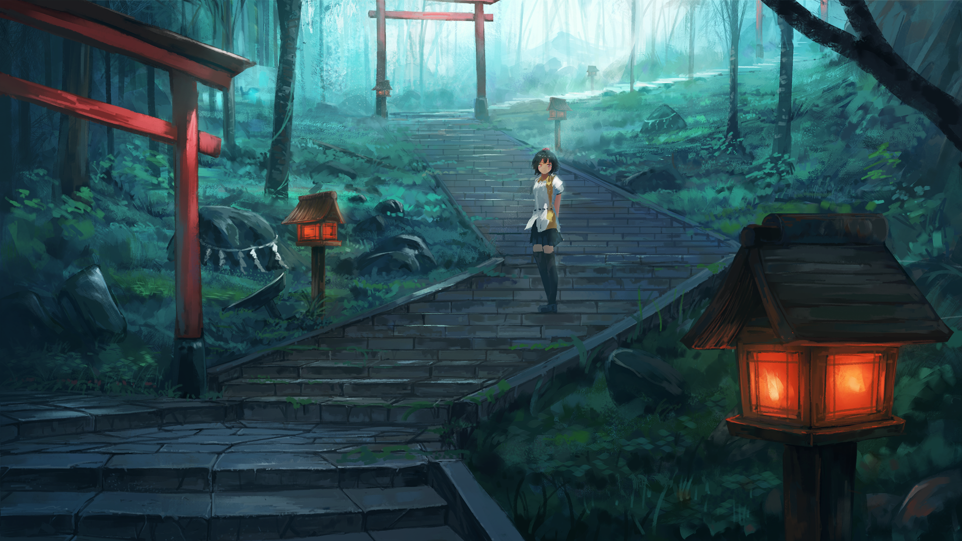 Anime girl on stairs in a forest with torii gates HD Wallpaper