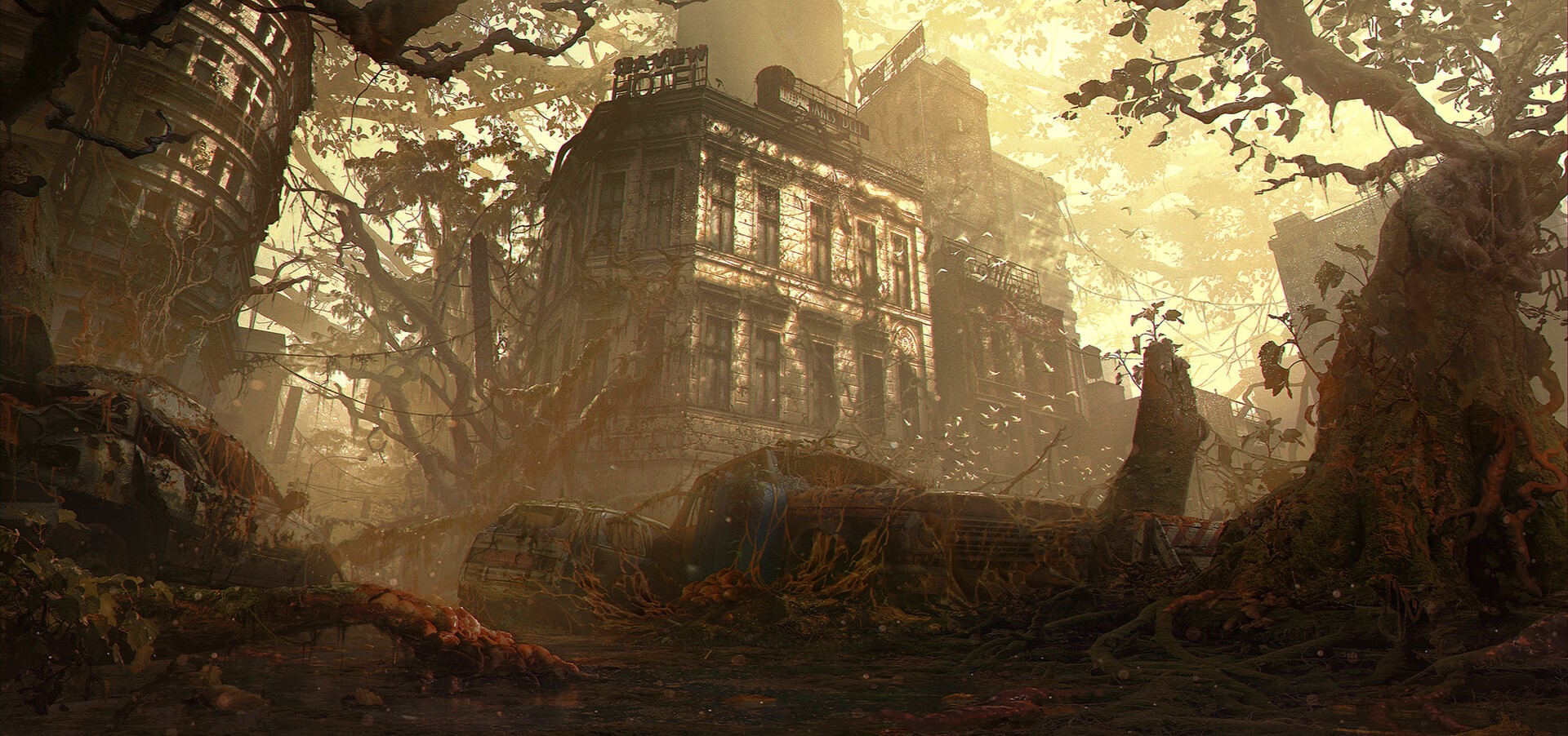 Apocalyptic cityscape with overgrown ruins HD Wallpaper
