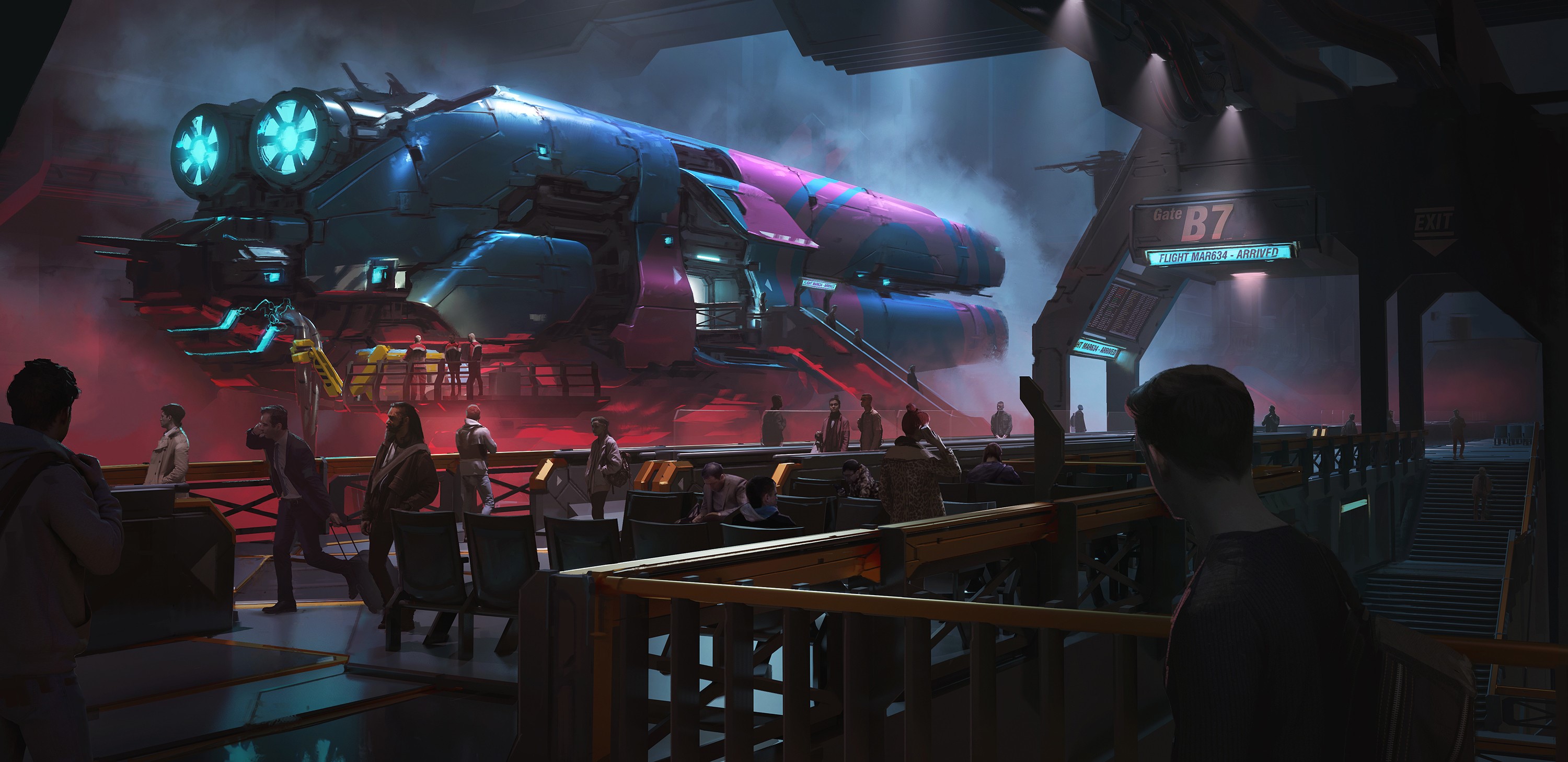 Futuristic spaceship at a station with people waiting HD Wallpaper