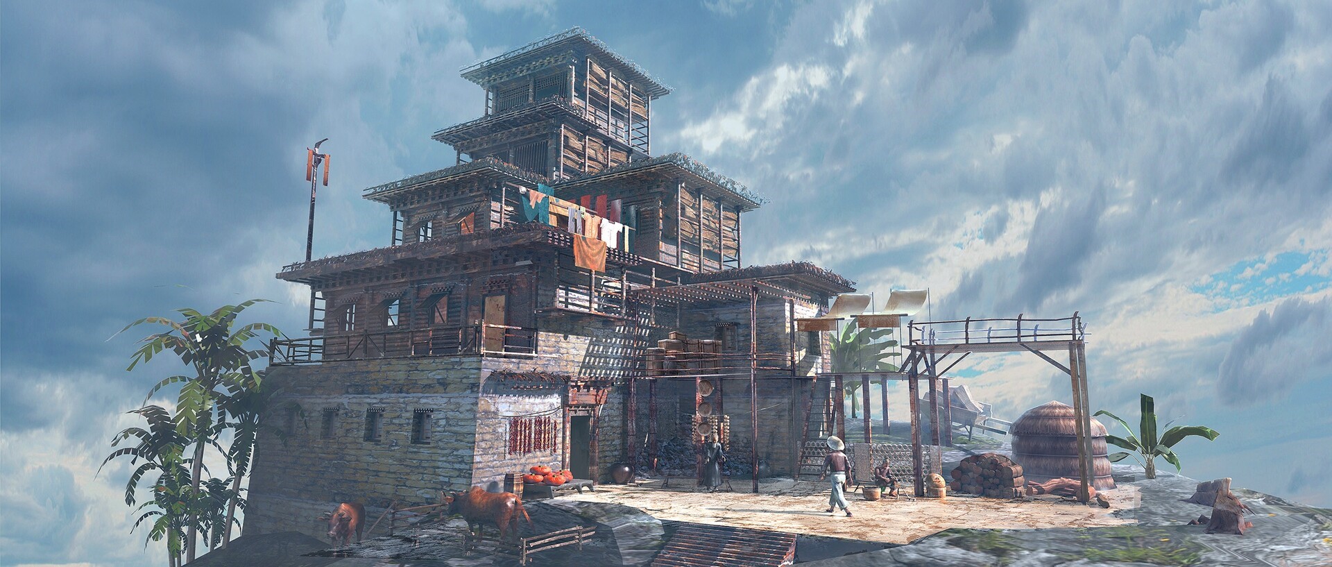 Multi-story wooden building on a cliff HD Wallpaper