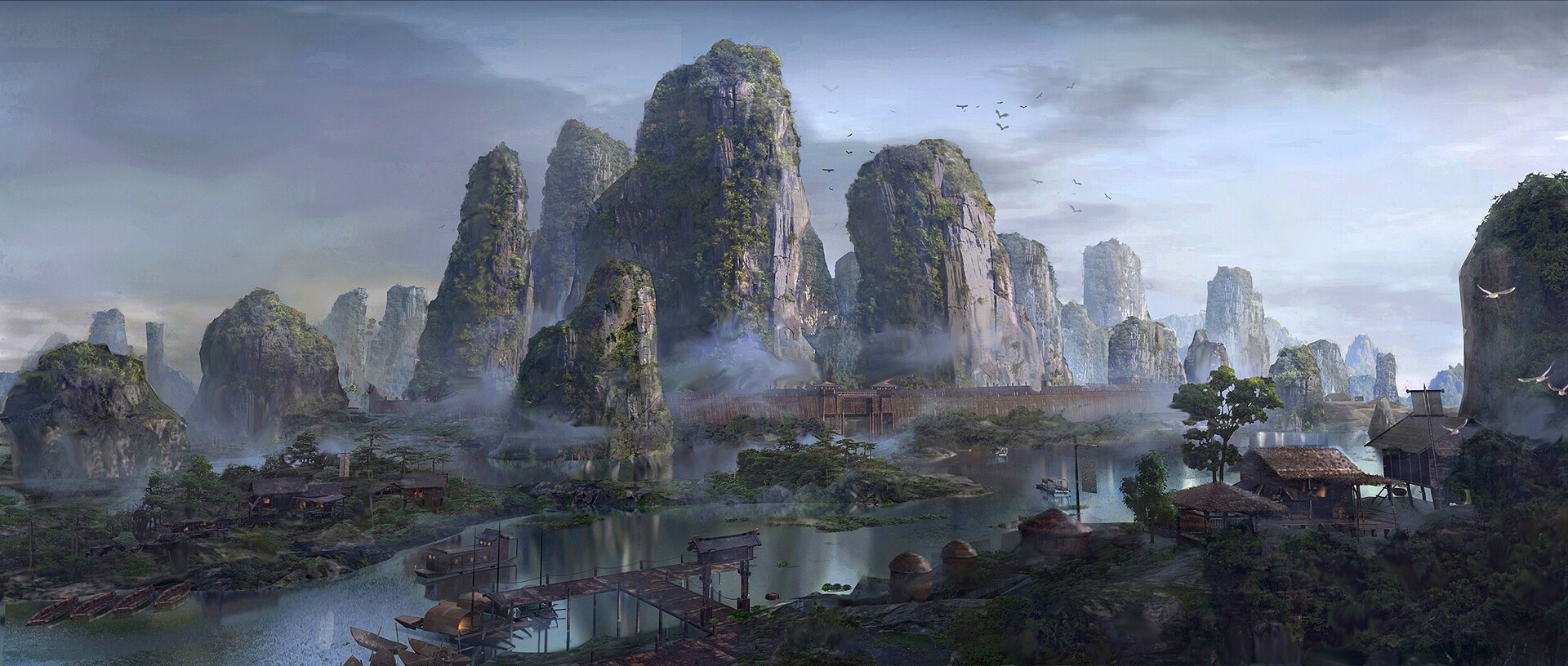 Misty mountains and river village HD Wallpaper