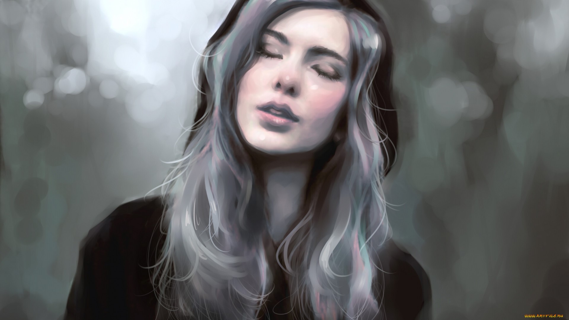 Artwork of a woman with closed eyes and colorful hair HD Wallpaper