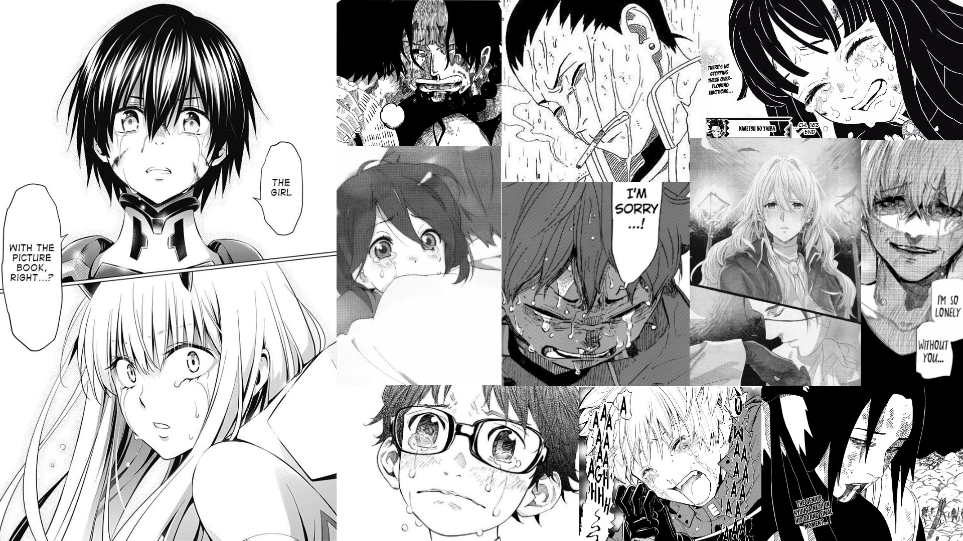 Anime characters crying in manga panels HD Wallpaper