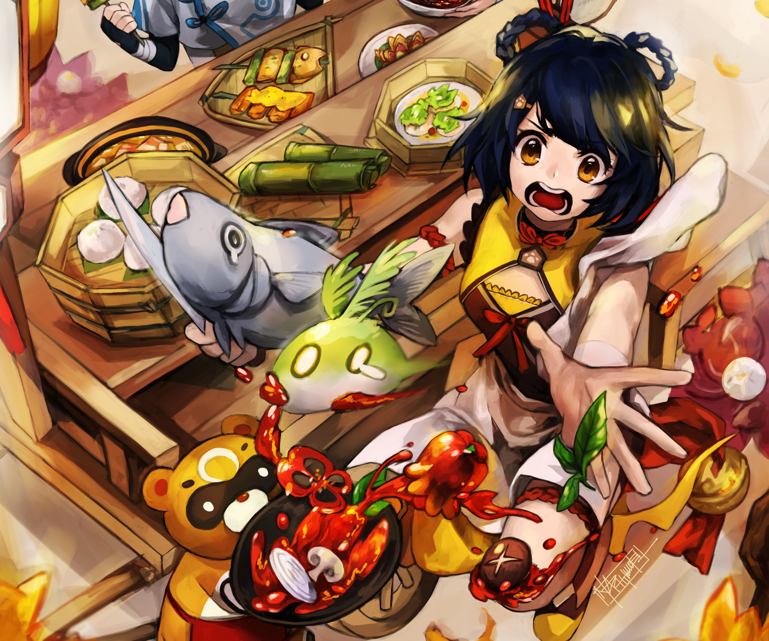 Xiangling and Guoba with food HD Wallpaper