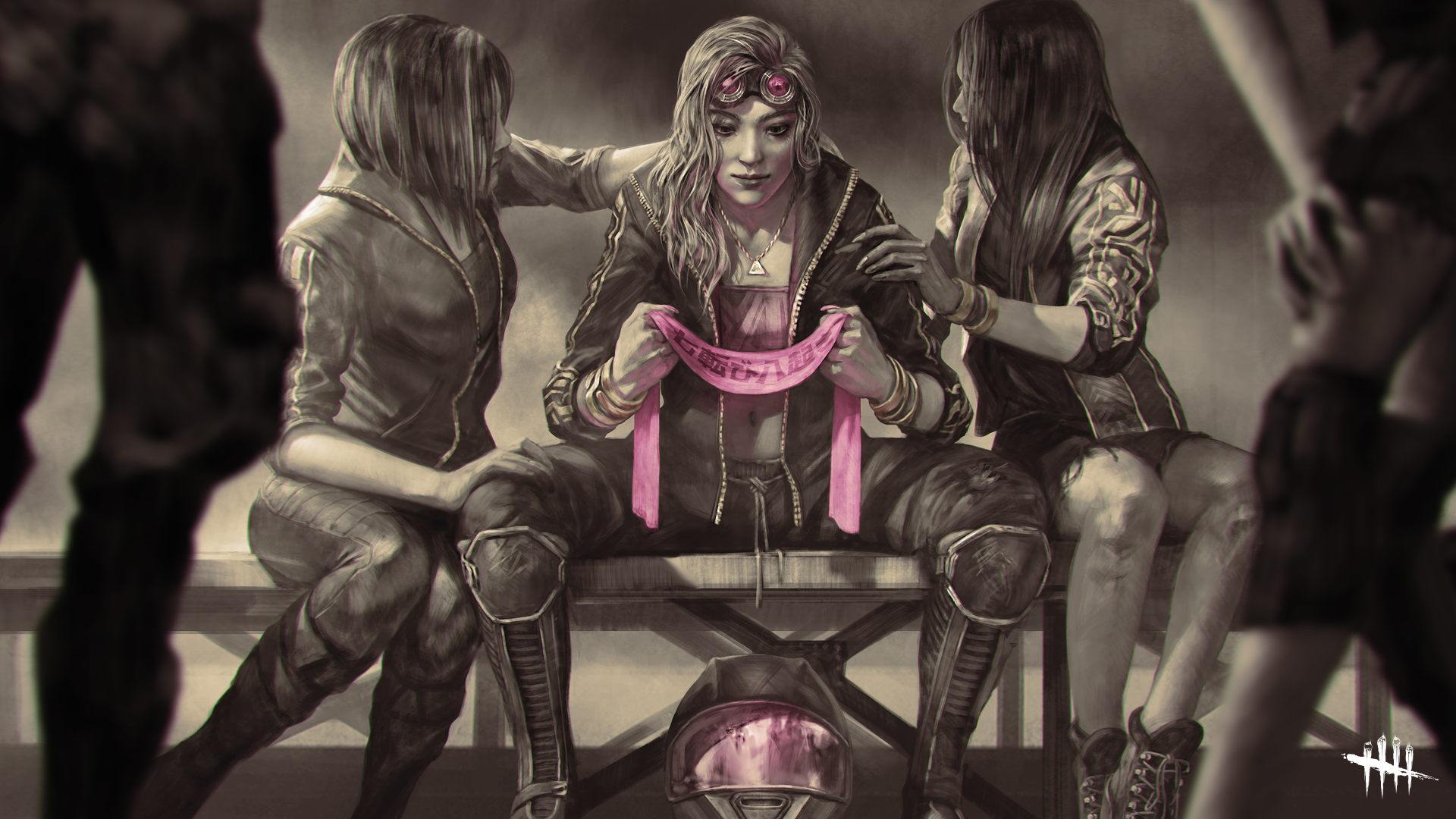 Dead by Daylight art featuring survivors on a bench HD Wallpaper