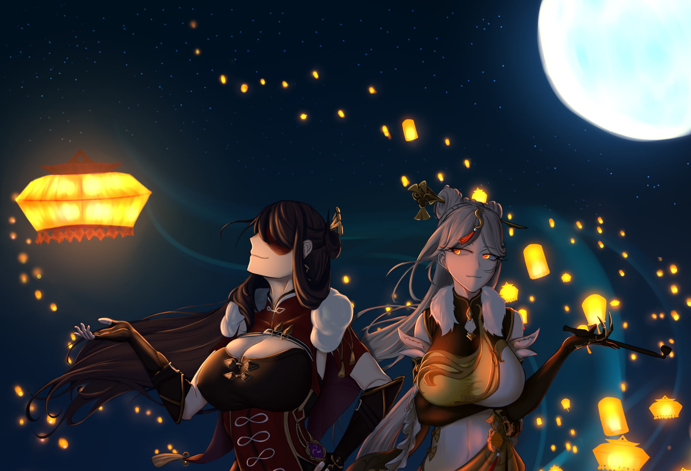 Beidou and Ningguang with Lanterns Under the Moon HD Wallpaper