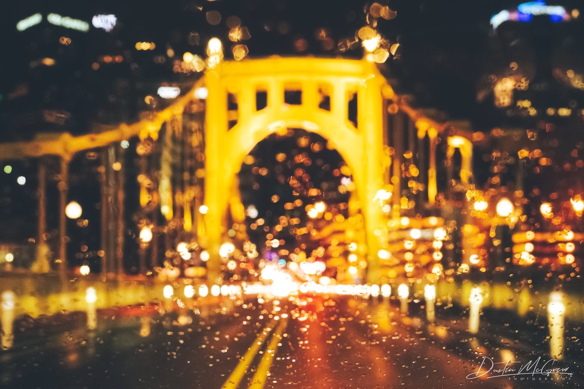 Night view of Pittsburgh bridge through raindrops HD Wallpaper
