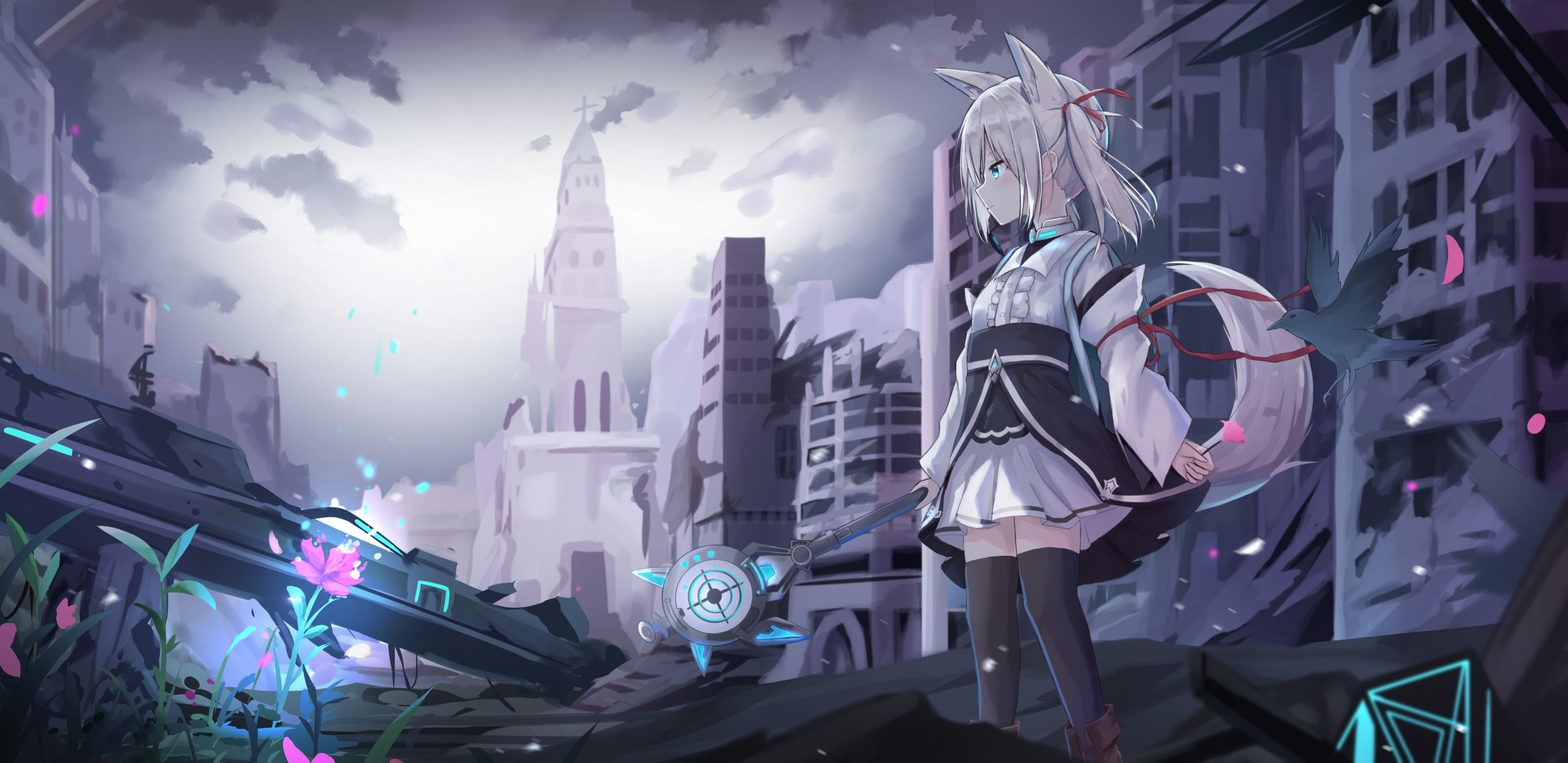 Fox girl with staff in ruined city HD Wallpaper