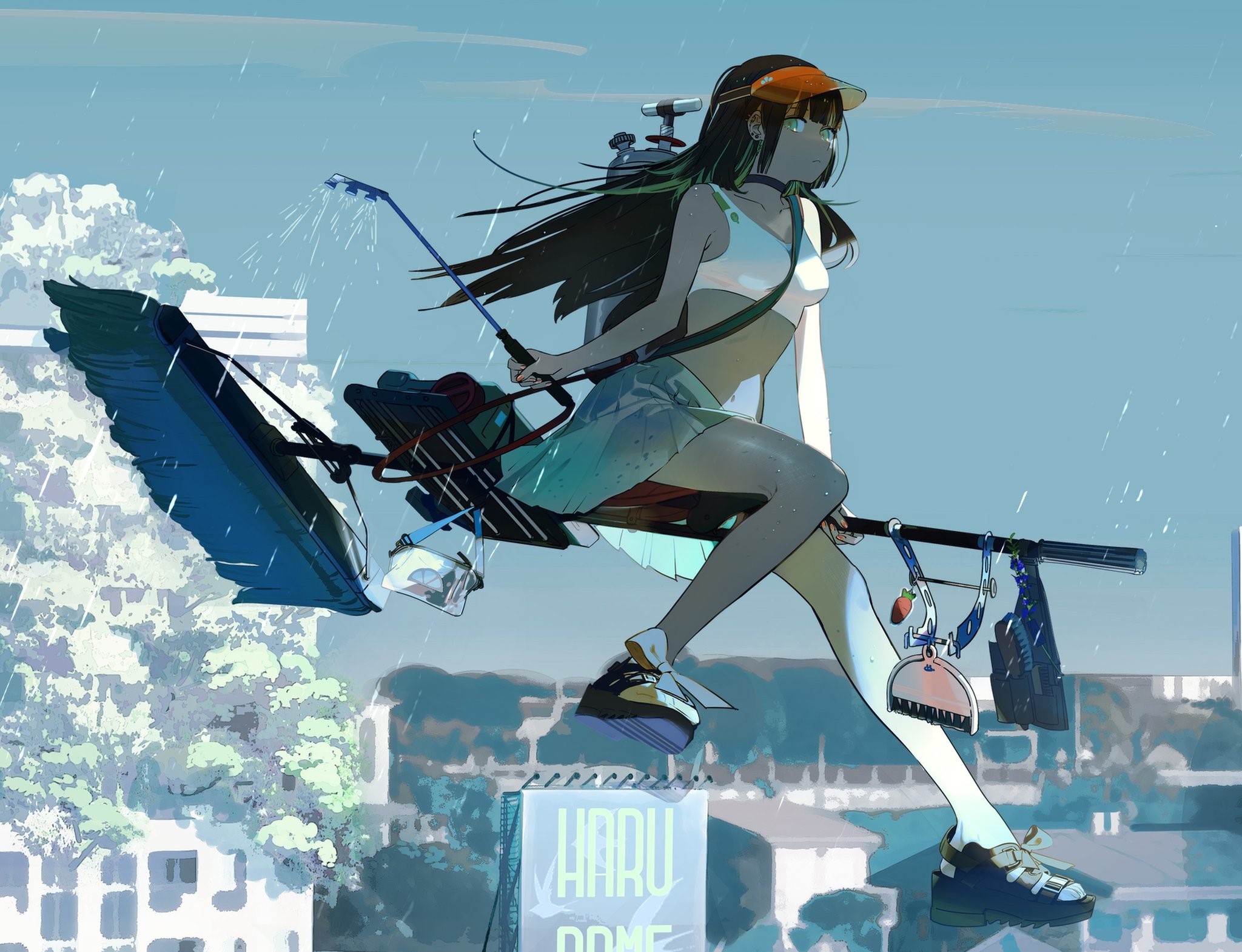 Anime girl flying on a broomstick in the rain HD Wallpaper