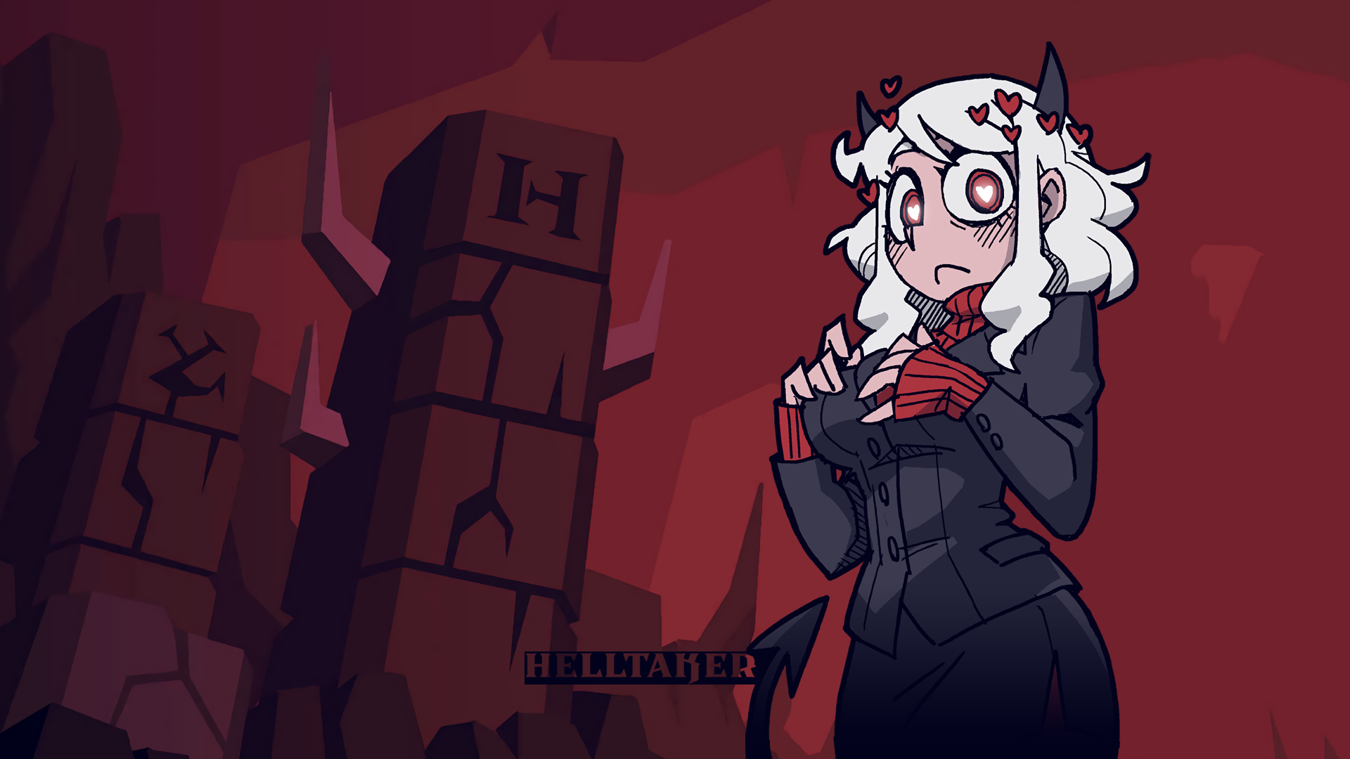 Demon girl from Helltaker with hearts in her hair HD Wallpaper