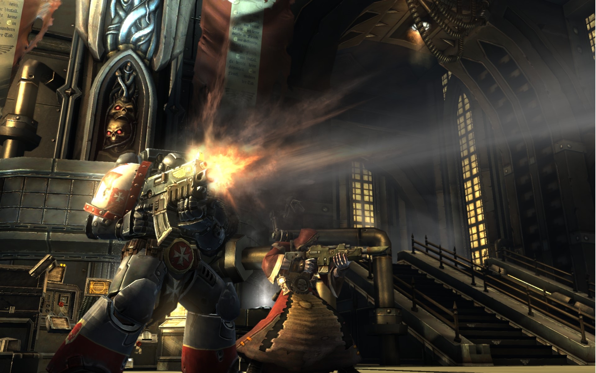 Space Marines firing weapons in Warhammer 40,000 HD Wallpaper