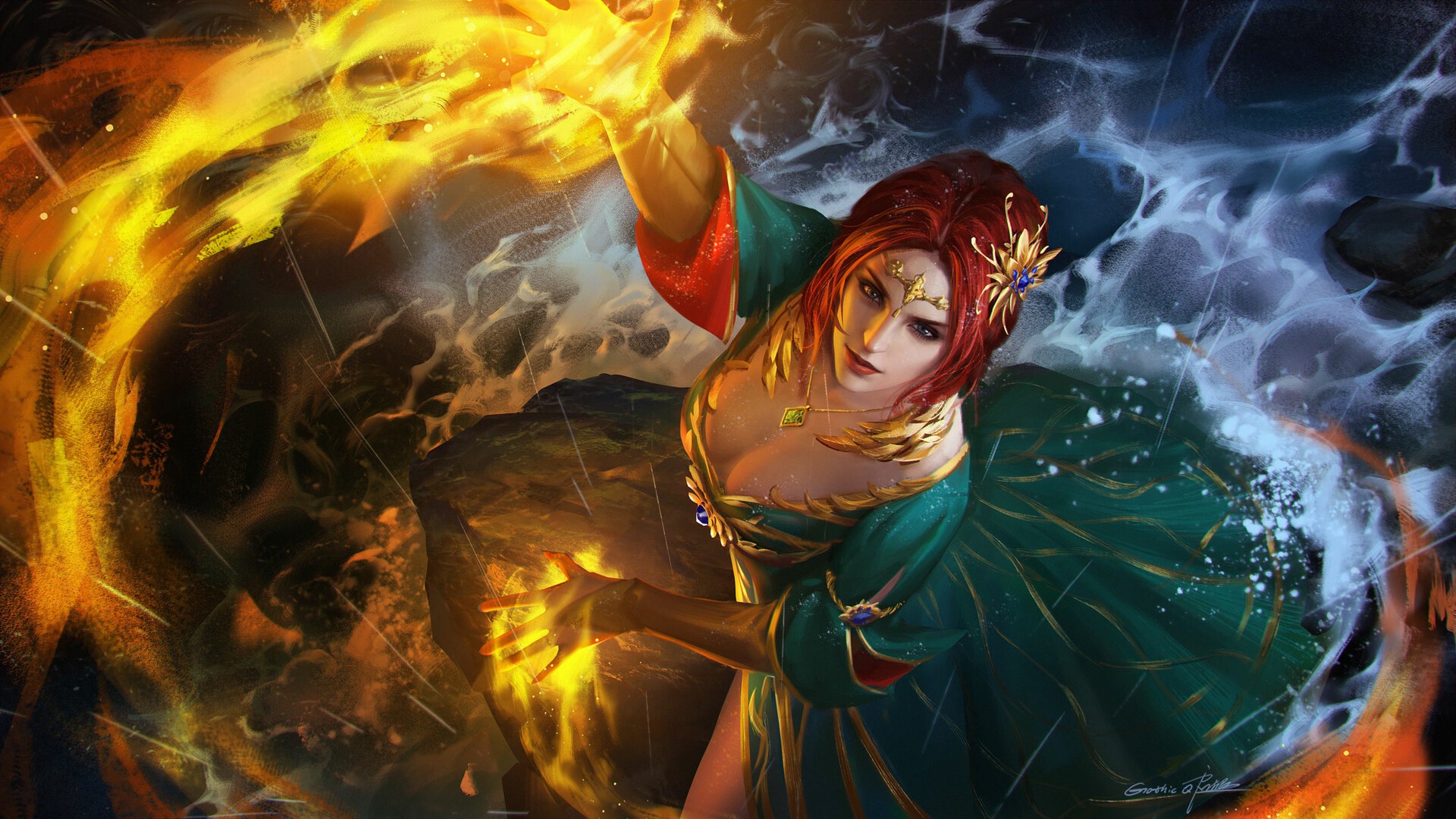 Triss Merigold from The Witcher casting spells HD Wallpaper