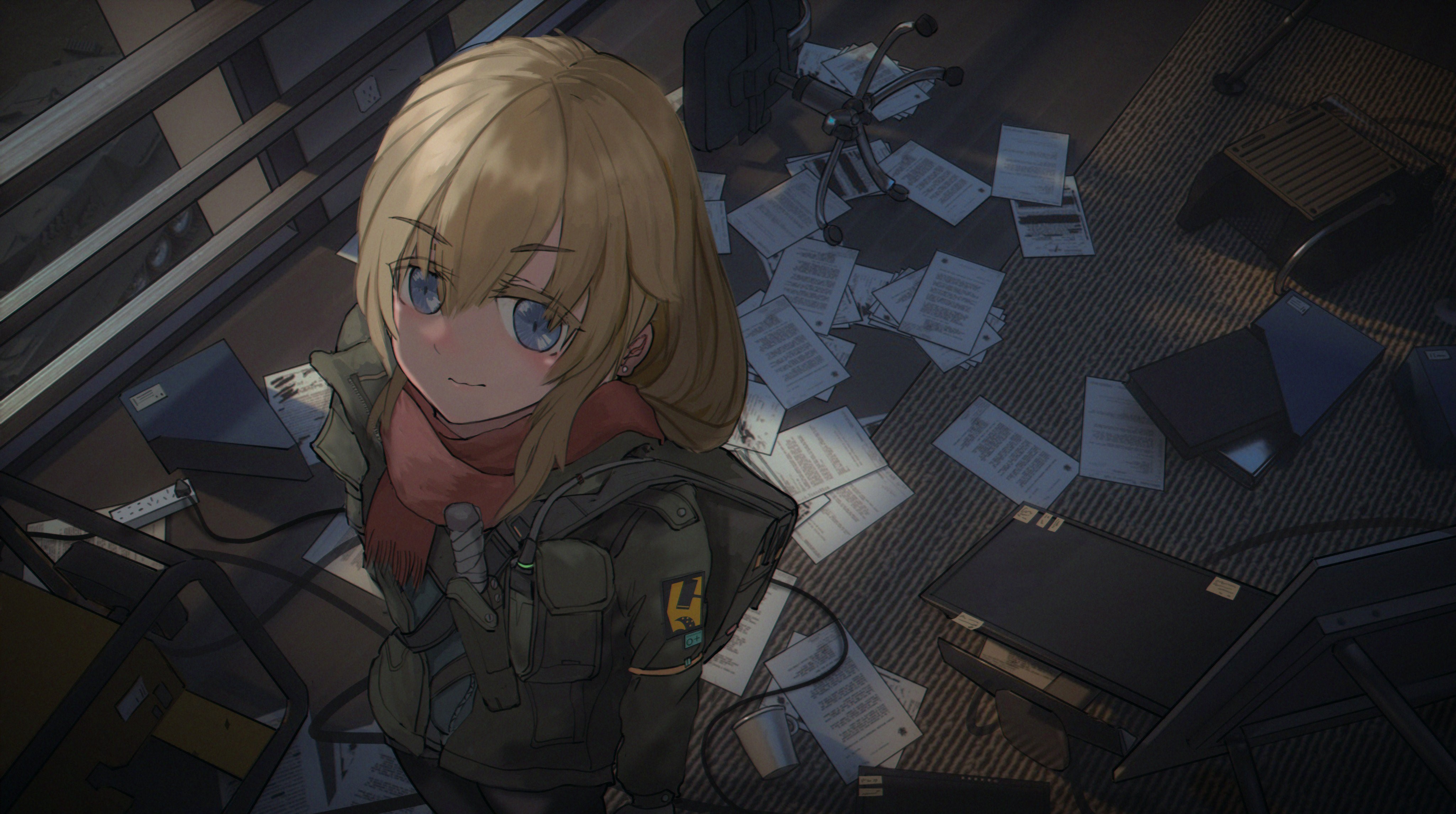 Anime girl with knife in messy room HD Wallpaper
