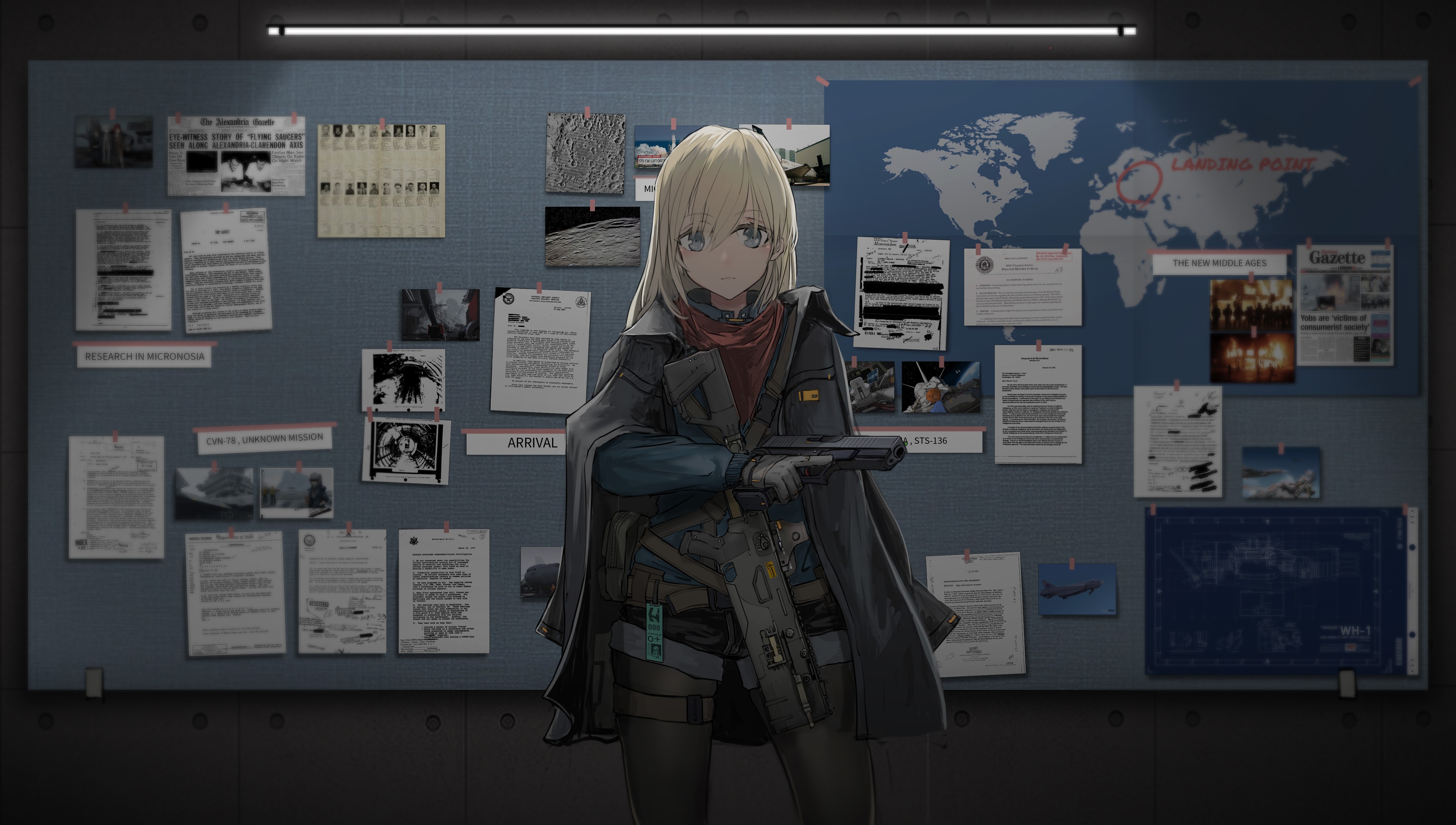Girl with weapon in front of a mission board HD Wallpaper