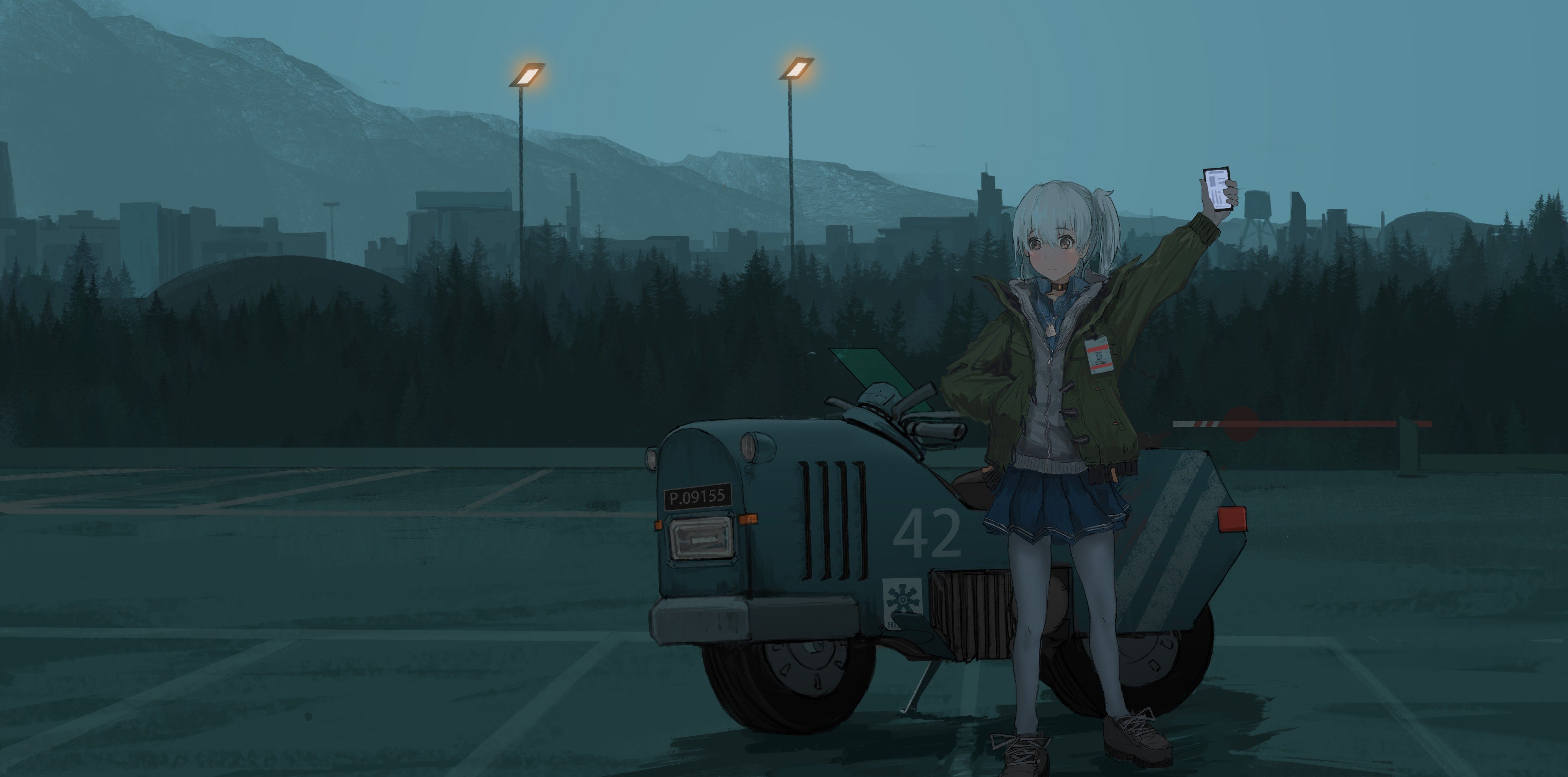 Anime girl with motorcycle taking a selfie HD Wallpaper