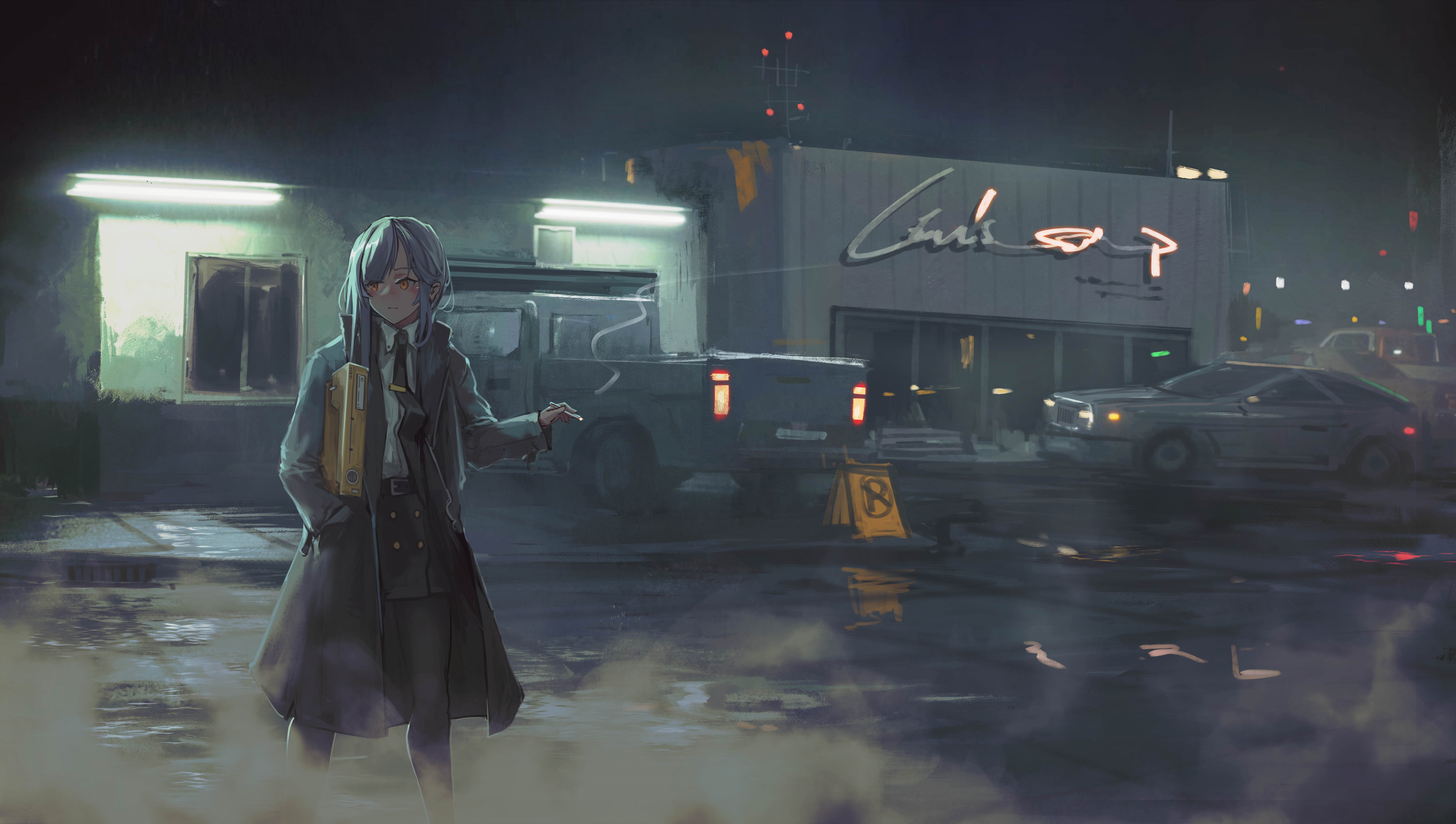 Anime girl with yellow folder in front of a diner at night HD Wallpaper