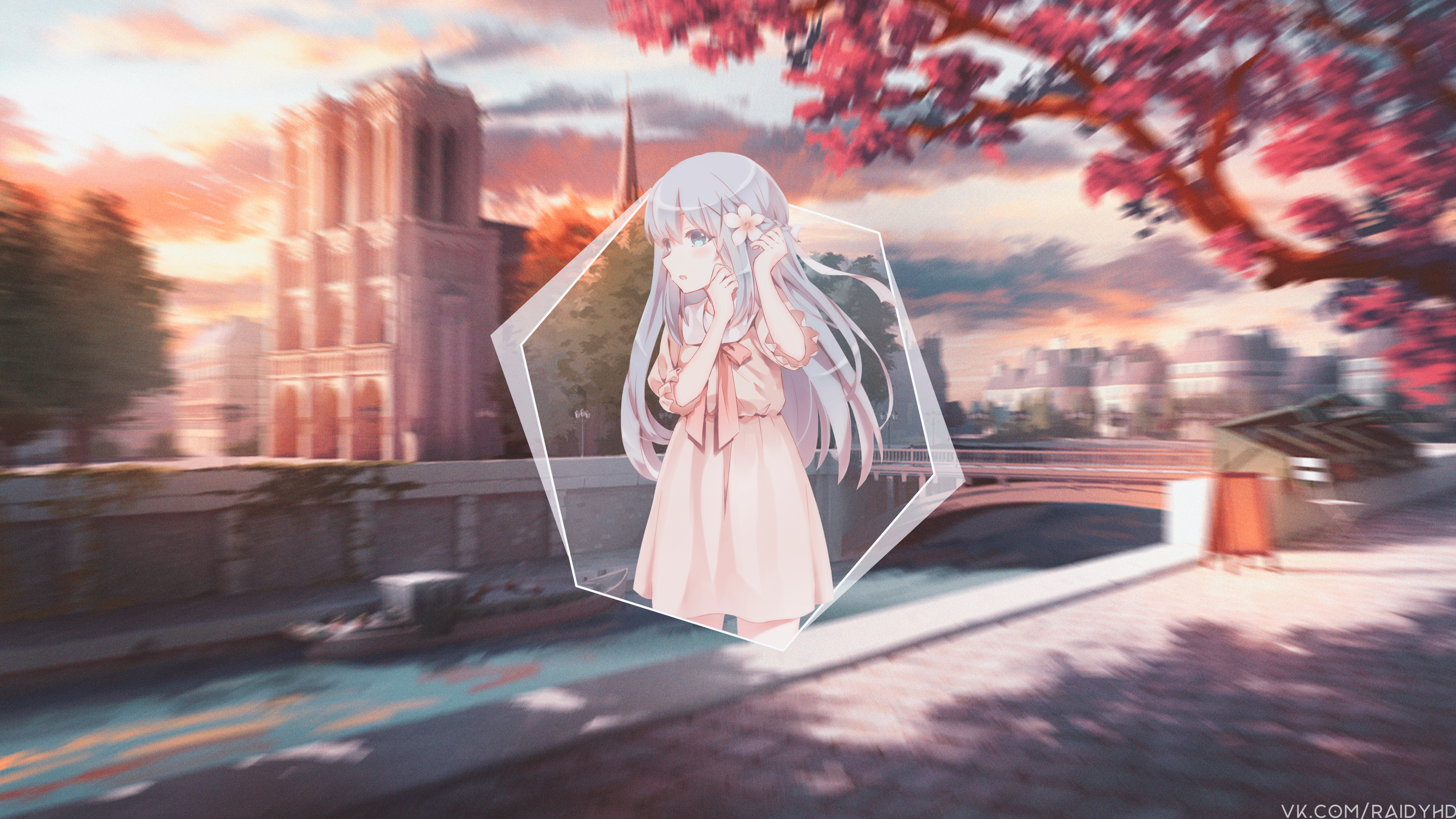 Anime girl in a pink dress with a flower in her hair, Notre Dame Cathedral in the background HD Wallpaper