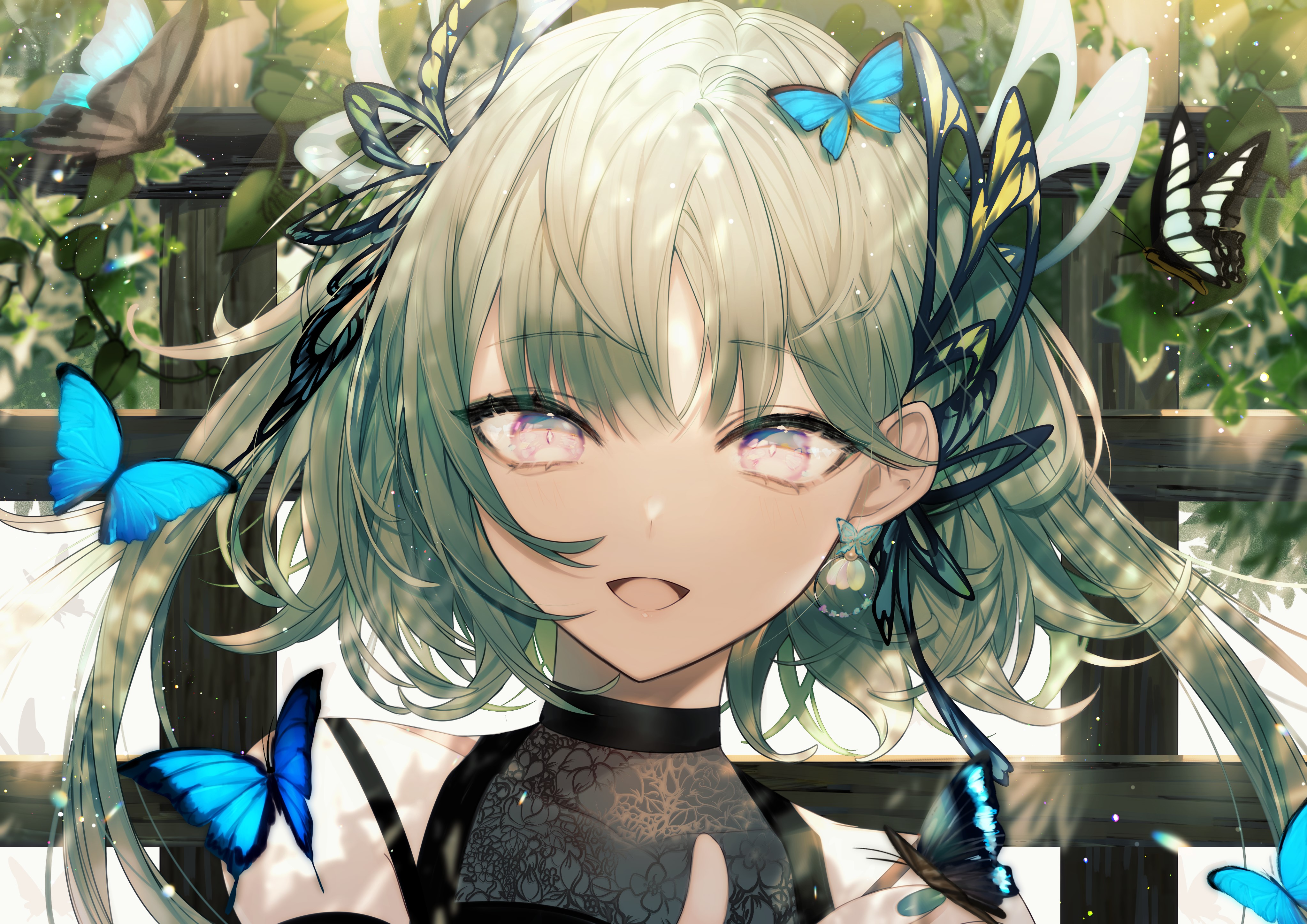 Anime girl with green hair and butterflies HD Wallpaper