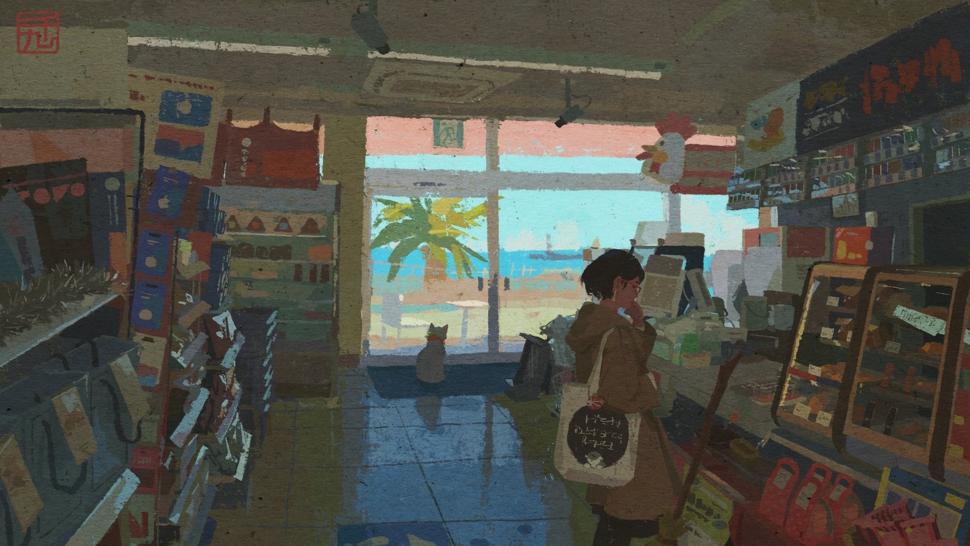 Girl and cat in a convenience store with beach view HD Wallpaper