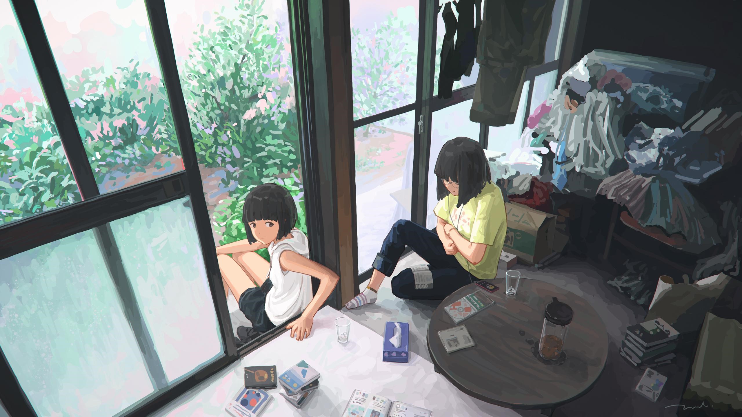 Two anime girls sitting by a window with a messy room HD Wallpaper