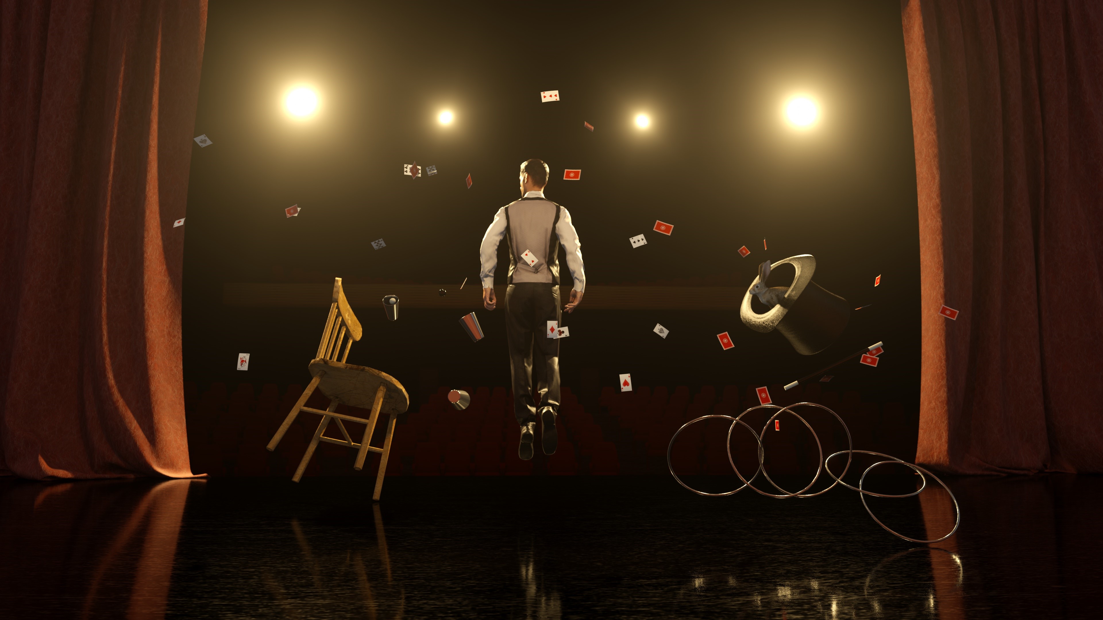 Magician levitating on stage with cards and props HD Wallpaper