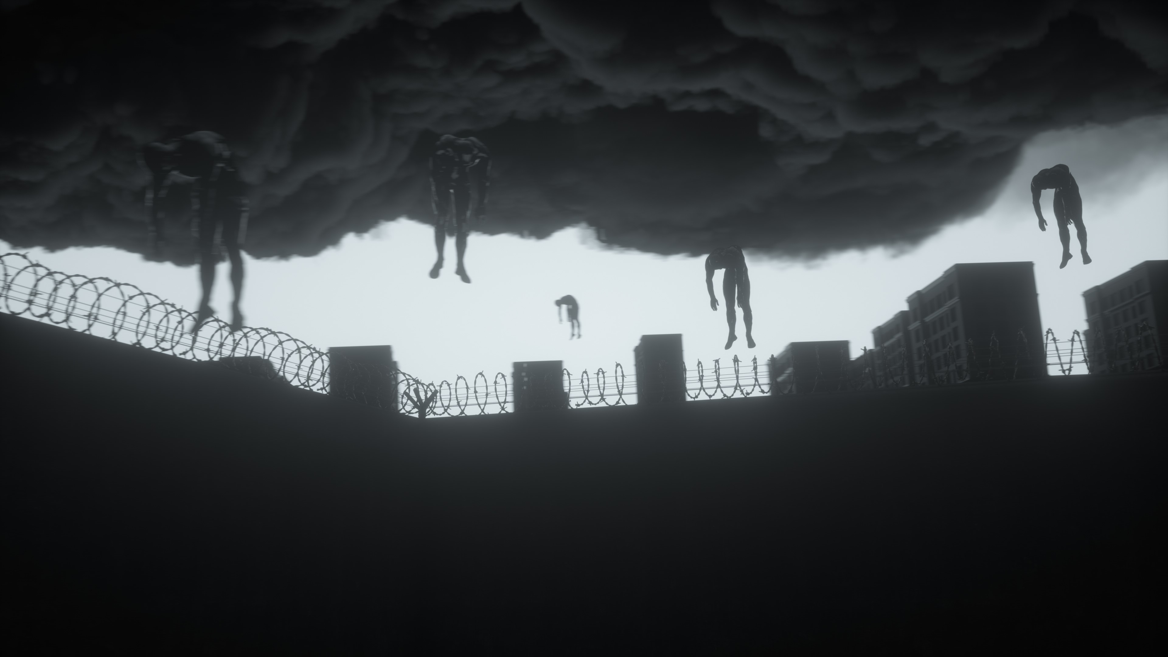 Figures emerging from dark clouds over city HD Wallpaper