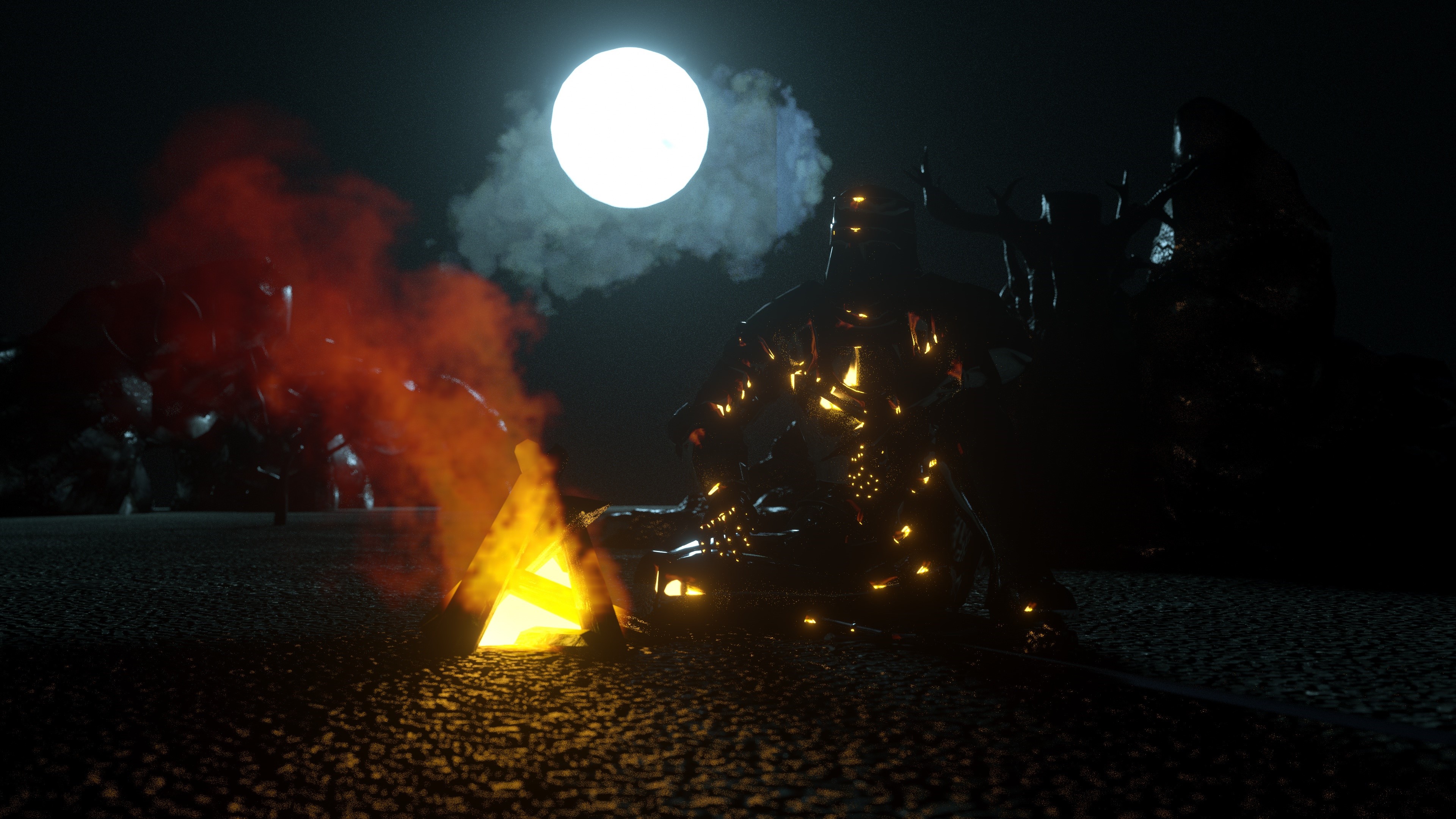 Knight by a campfire under the moon HD Wallpaper