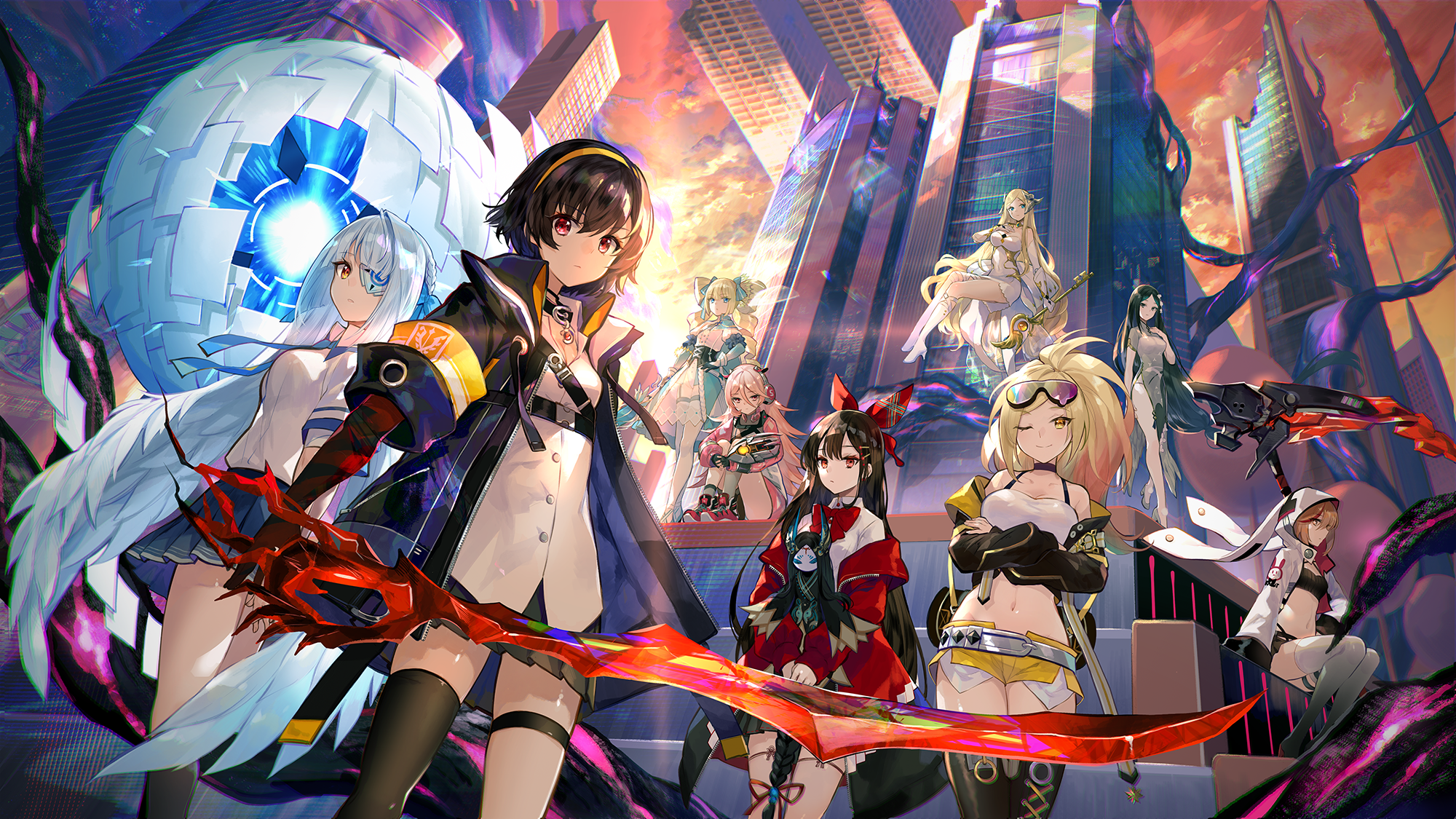 Anime girls with futuristic weapons in a city HD Wallpaper