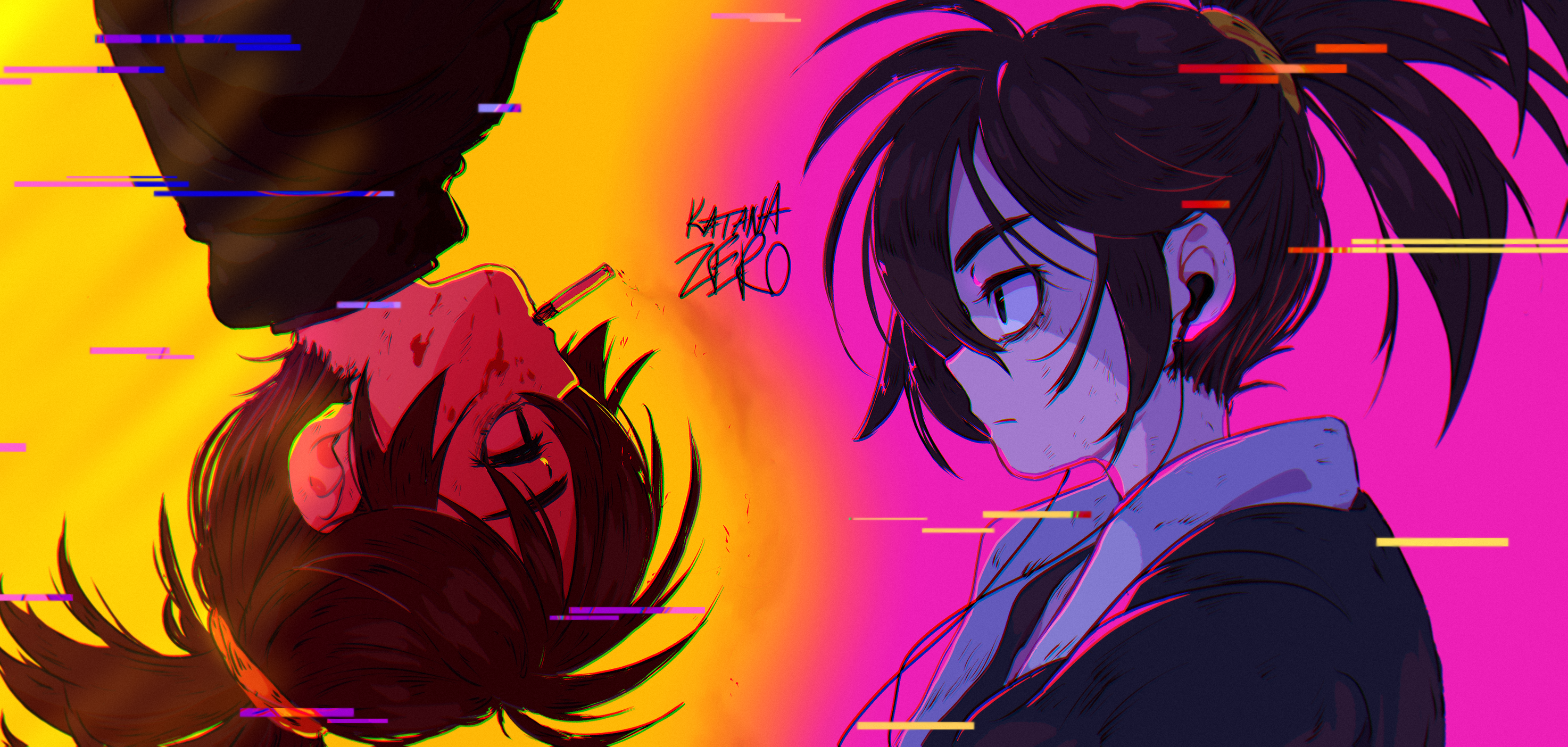 Katana Zero characters with glitch effects HD Wallpaper