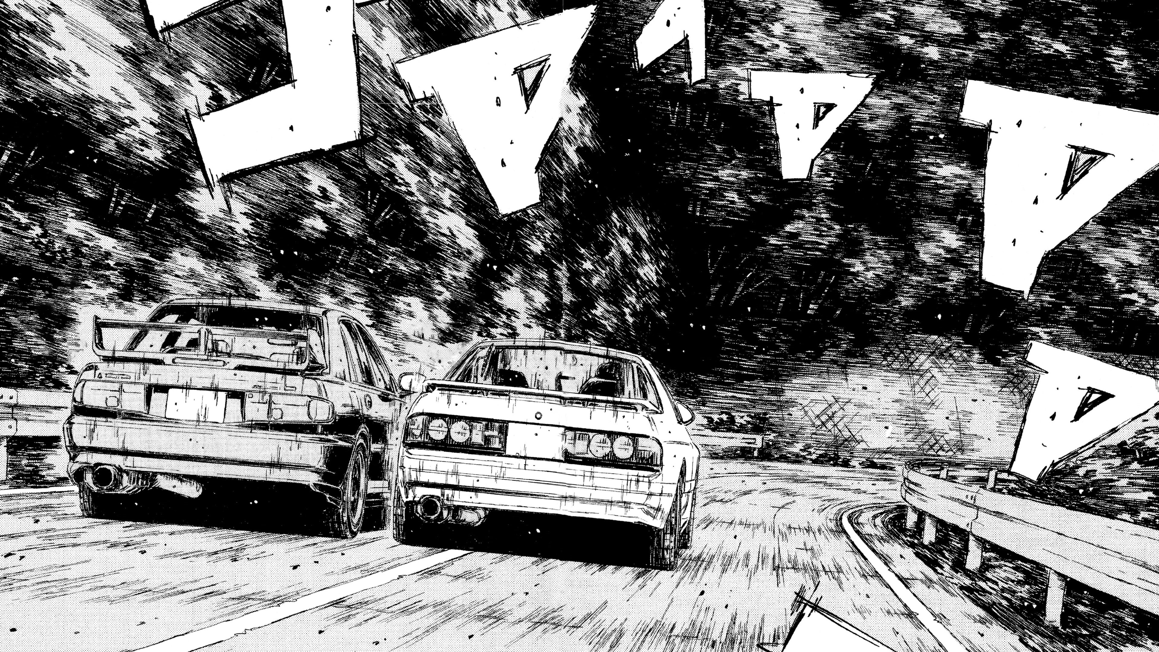 Initial D: Mitsubishi Lancer Evo V and Mazda RX-7 on a mountain road HD Wallpaper