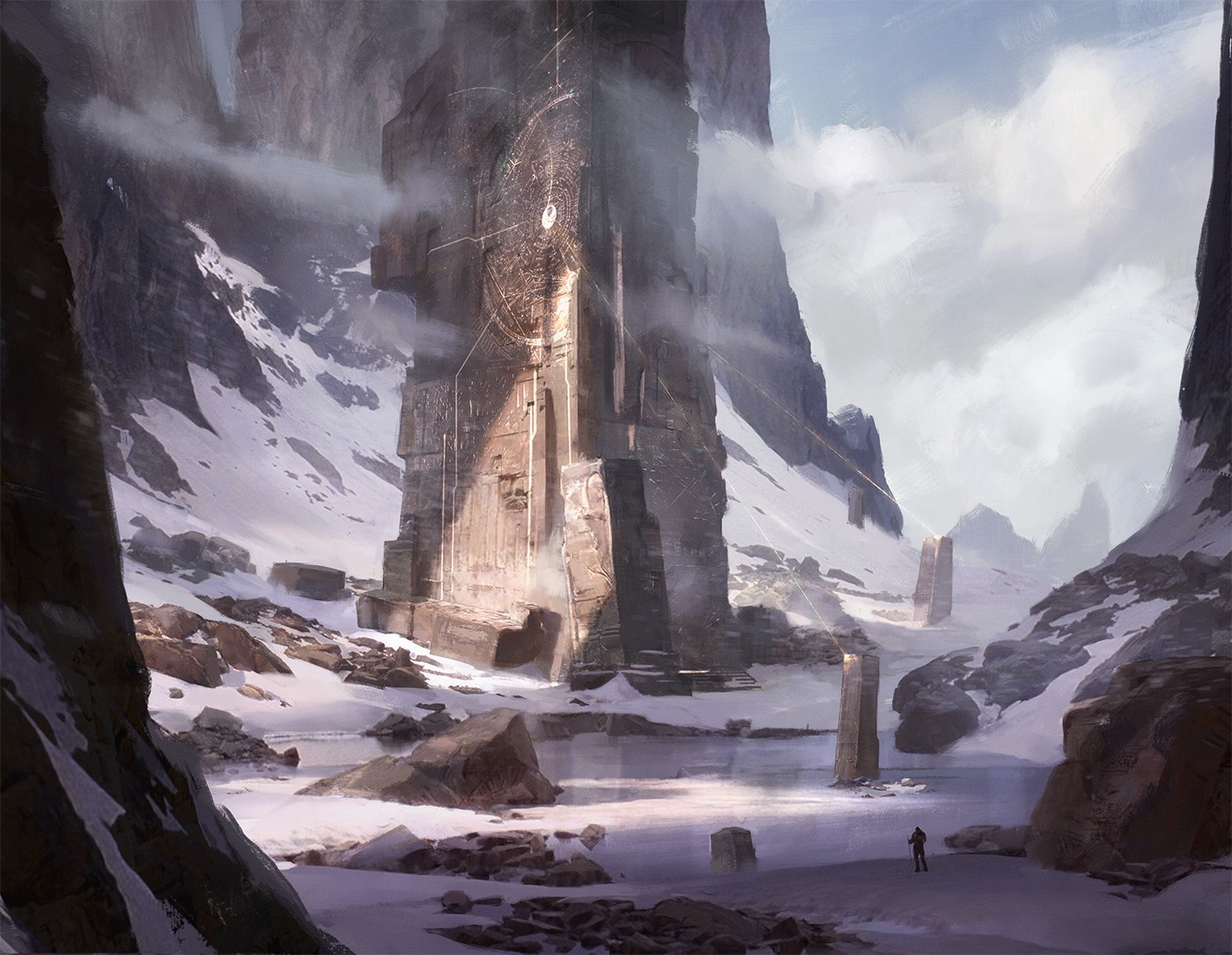 Fantasy landscape with ancient stone structures in snowy mountains HD Wallpaper