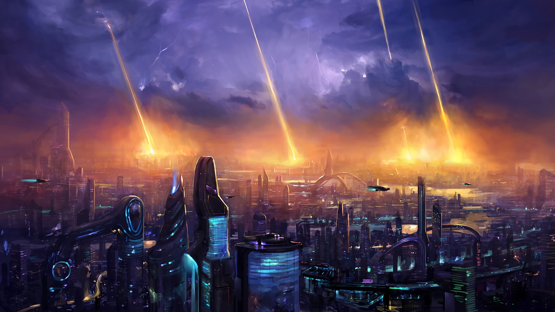 Science fiction city under meteor shower HD Wallpaper