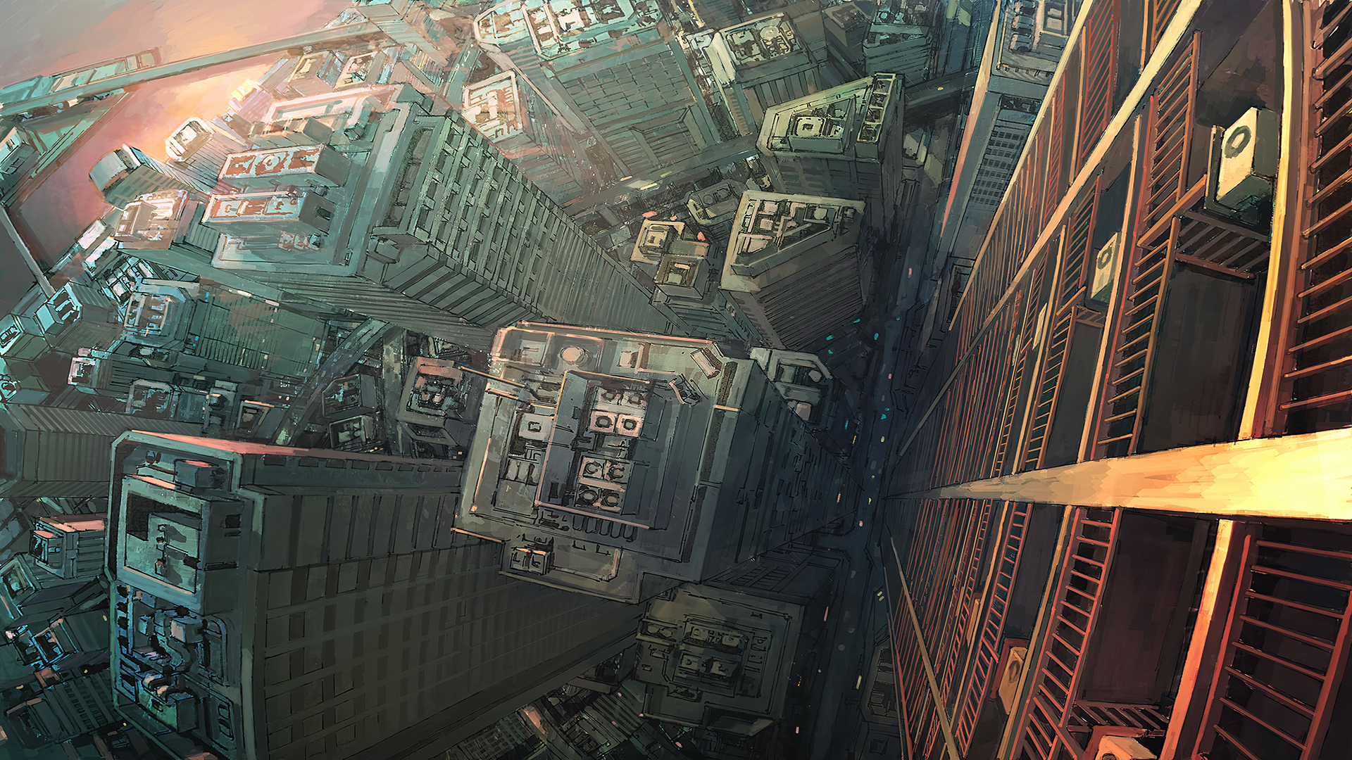 Aerial view of a futuristic, dense city at sunset HD Wallpaper