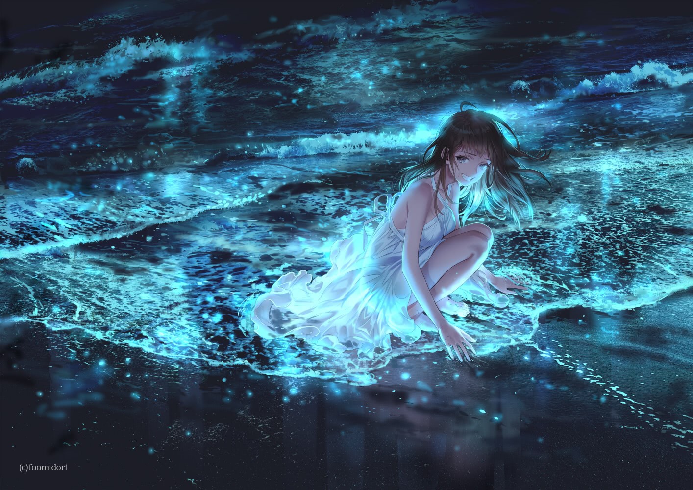 Anime girl in white dress by glowing ocean waves HD Wallpaper