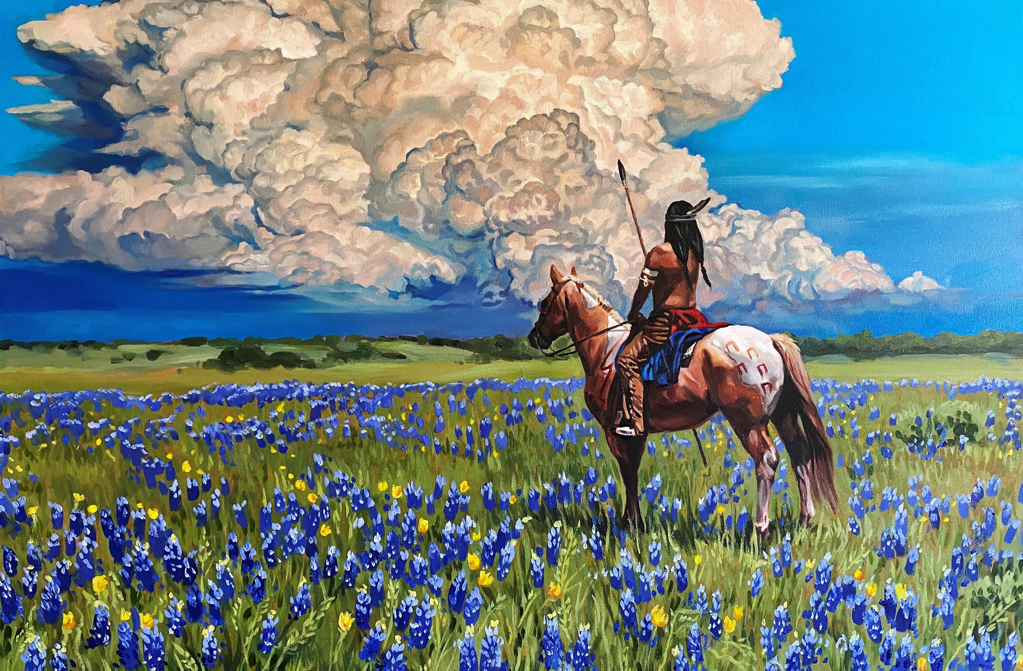 Native American on horseback in a field of bluebonnets HD Wallpaper