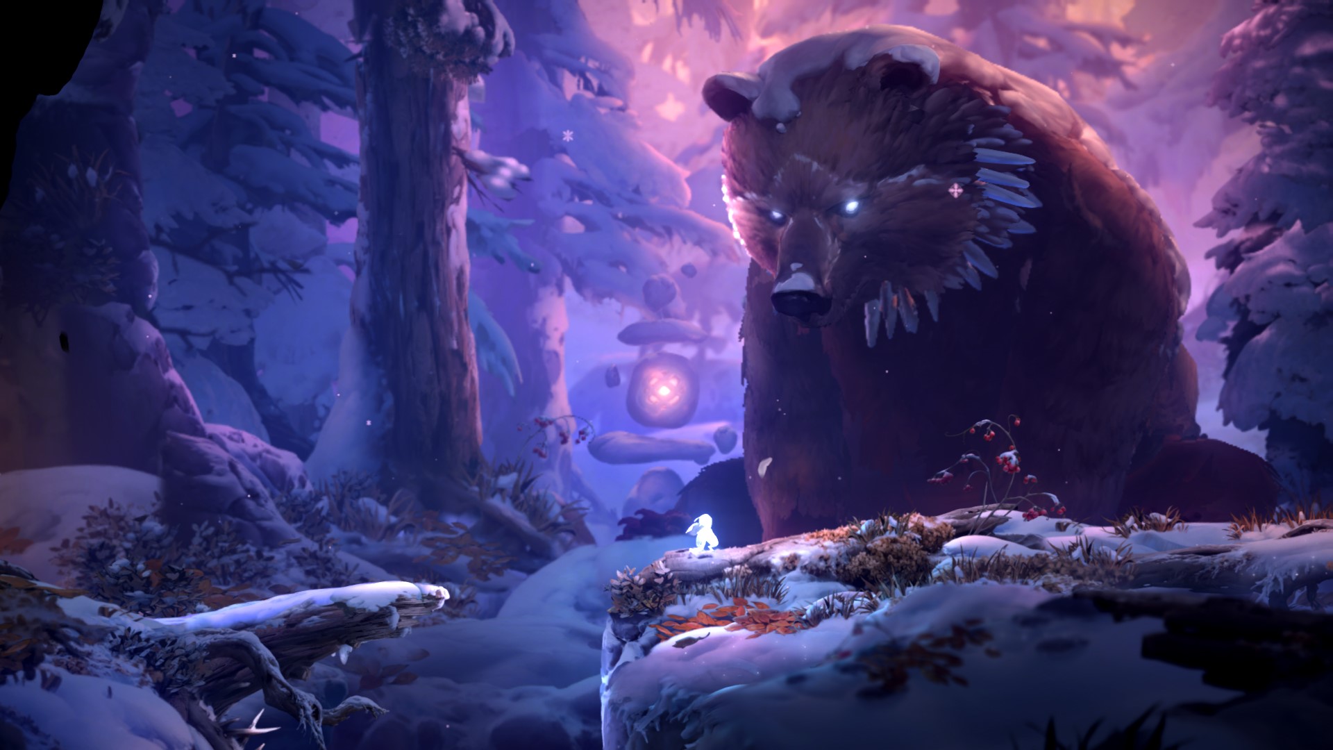 Ori from Ori and the Will of the Wisps facing a giant bear HD Wallpaper