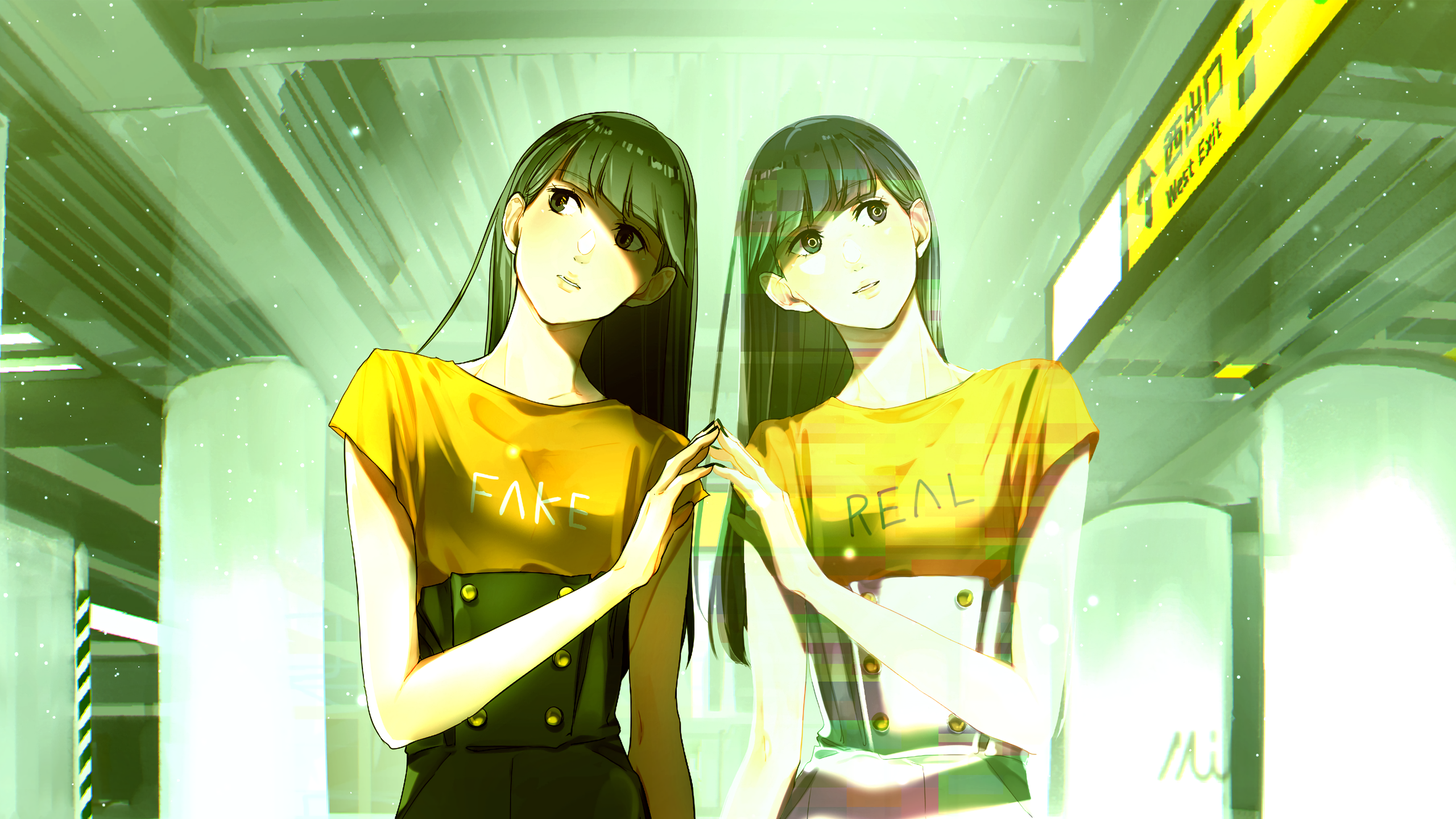 Anime girls with 'FAKE' and 'REAL' shirts in a subway HD Wallpaper
