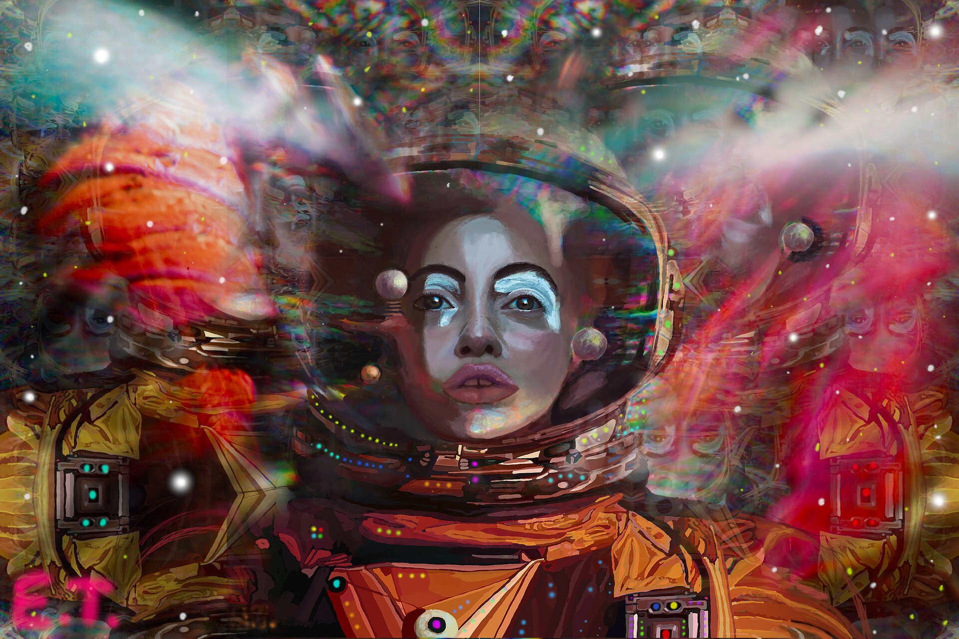 Space art of a woman in a spacesuit by Emma Thorén HD Wallpaper