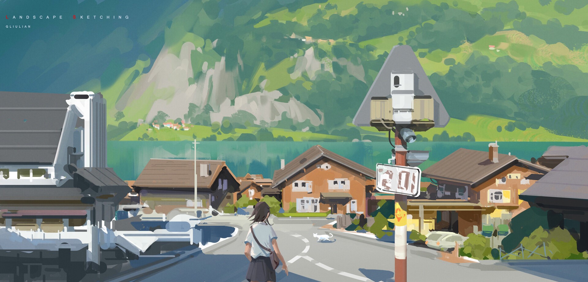 Artwork of a village by a lake with mountains HD Wallpaper