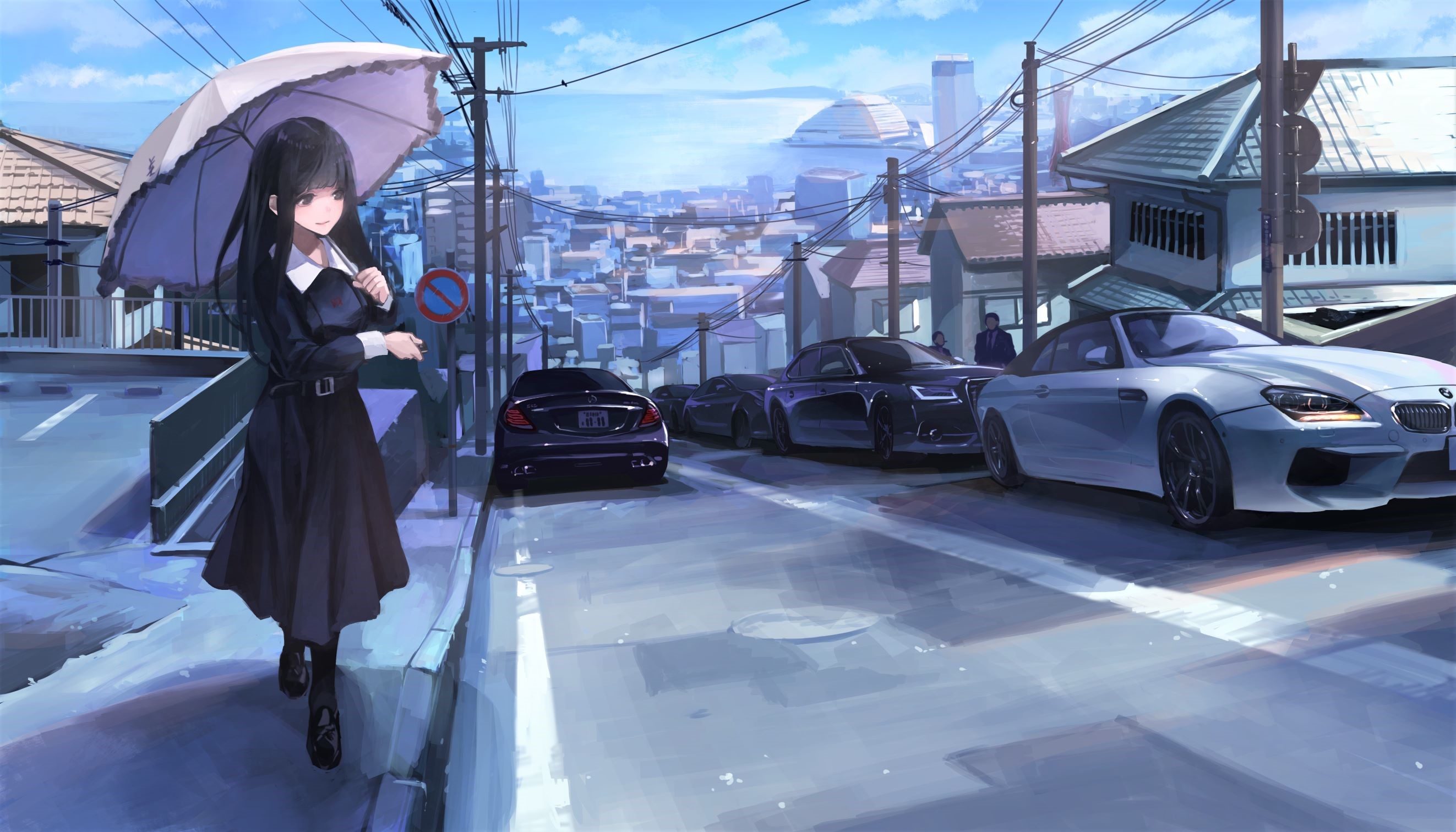 Anime girl with umbrella on a Japanese street with cars HD Wallpaper