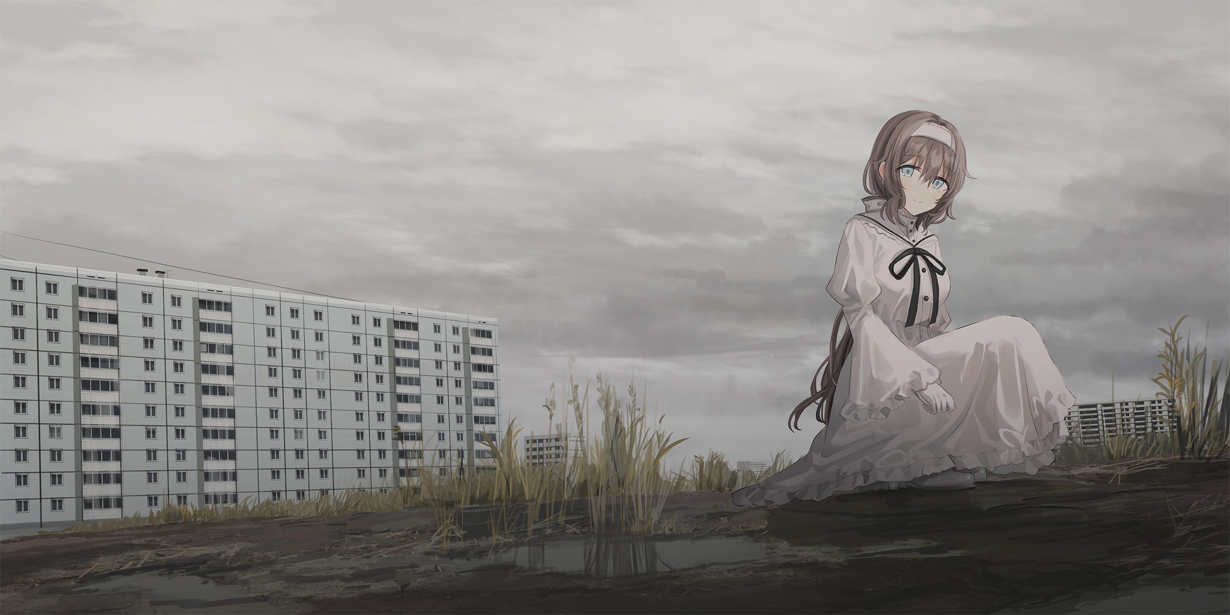 Anime girl in white dress sitting near apartment buildings HD Wallpaper