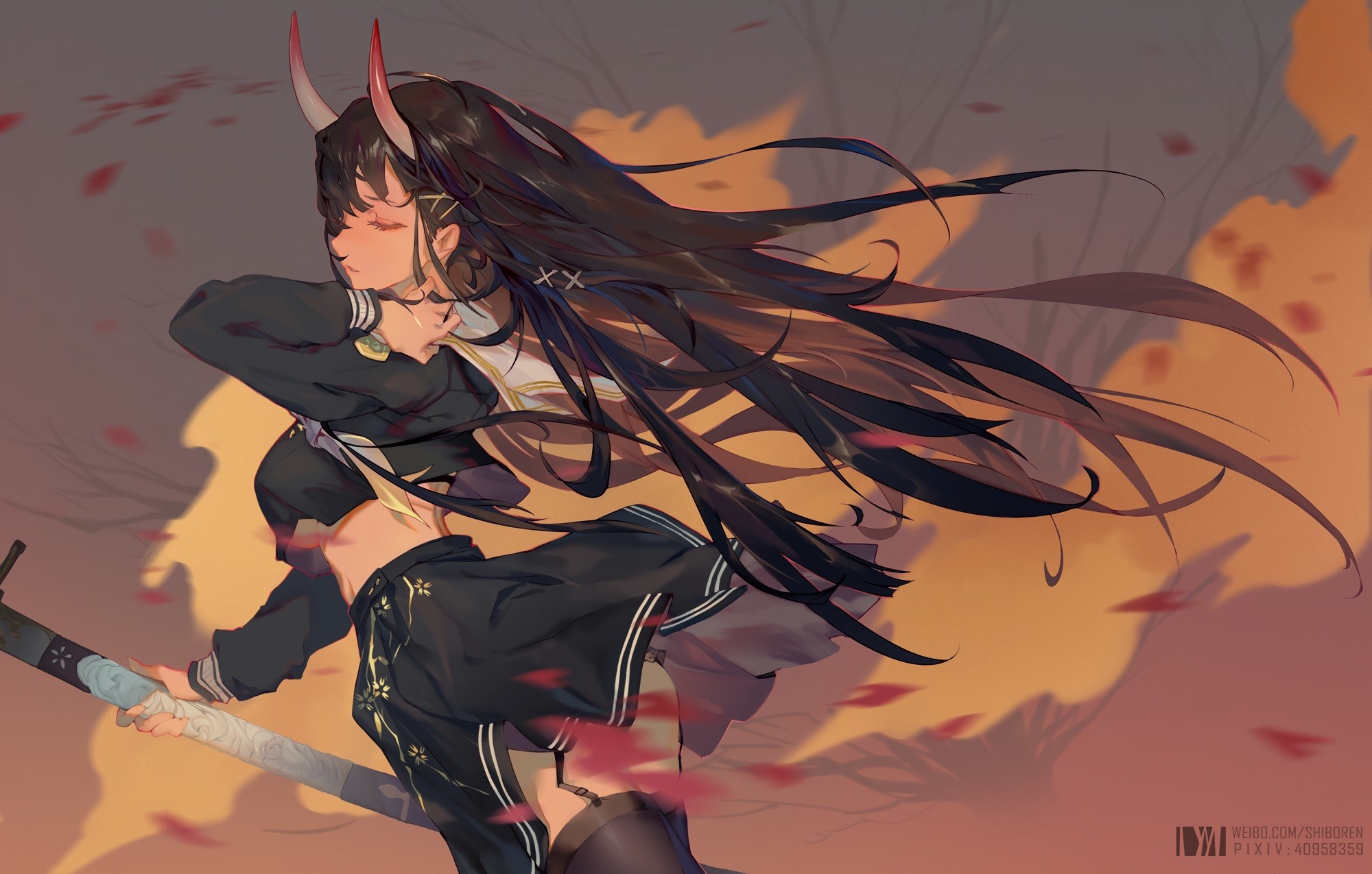 Noshiro from Azur Lane with black hair and horns HD Wallpaper