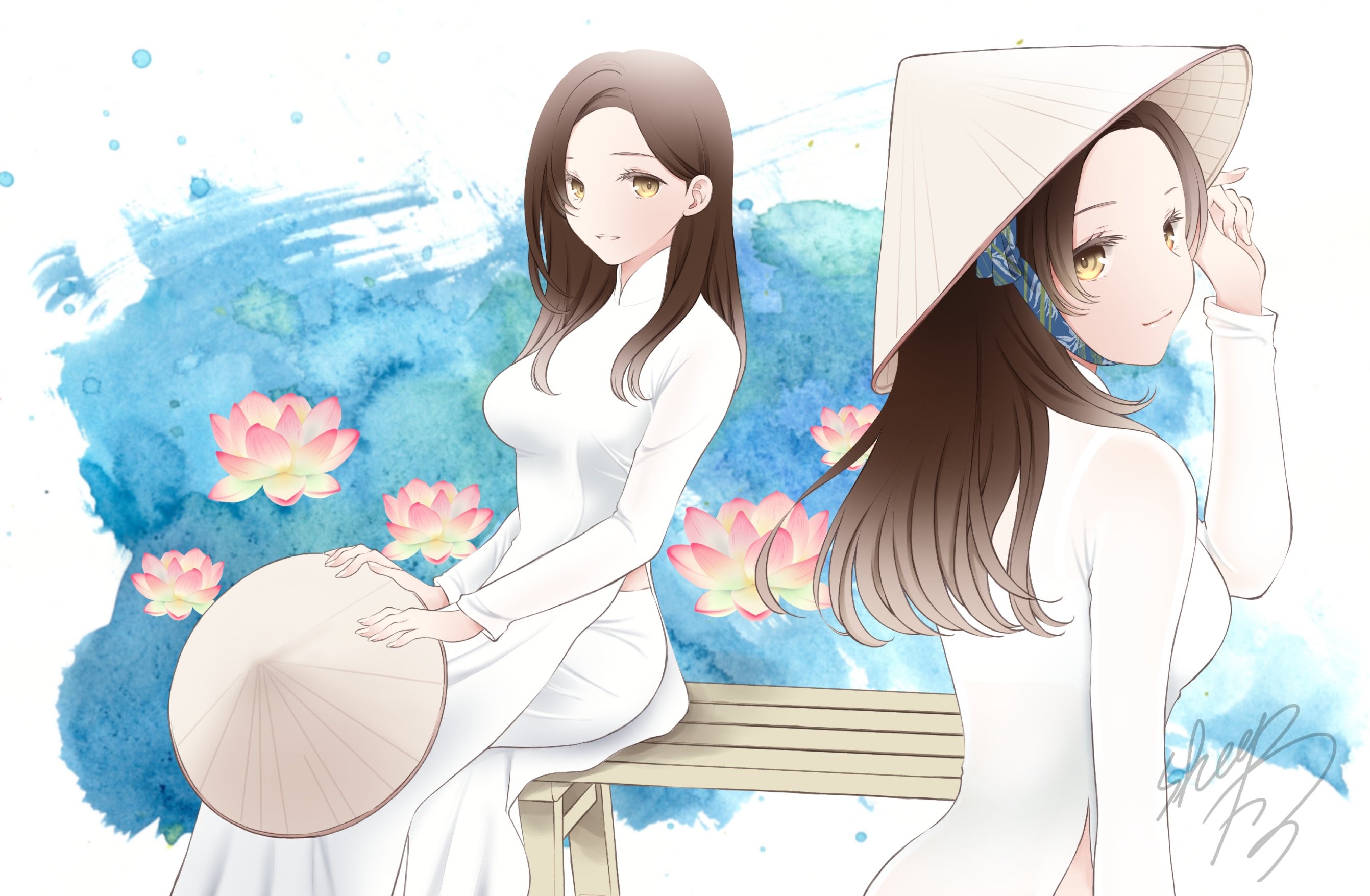 Anime Girls in Traditional Vietnamese Dresses with Lotuses HD Wallpaper