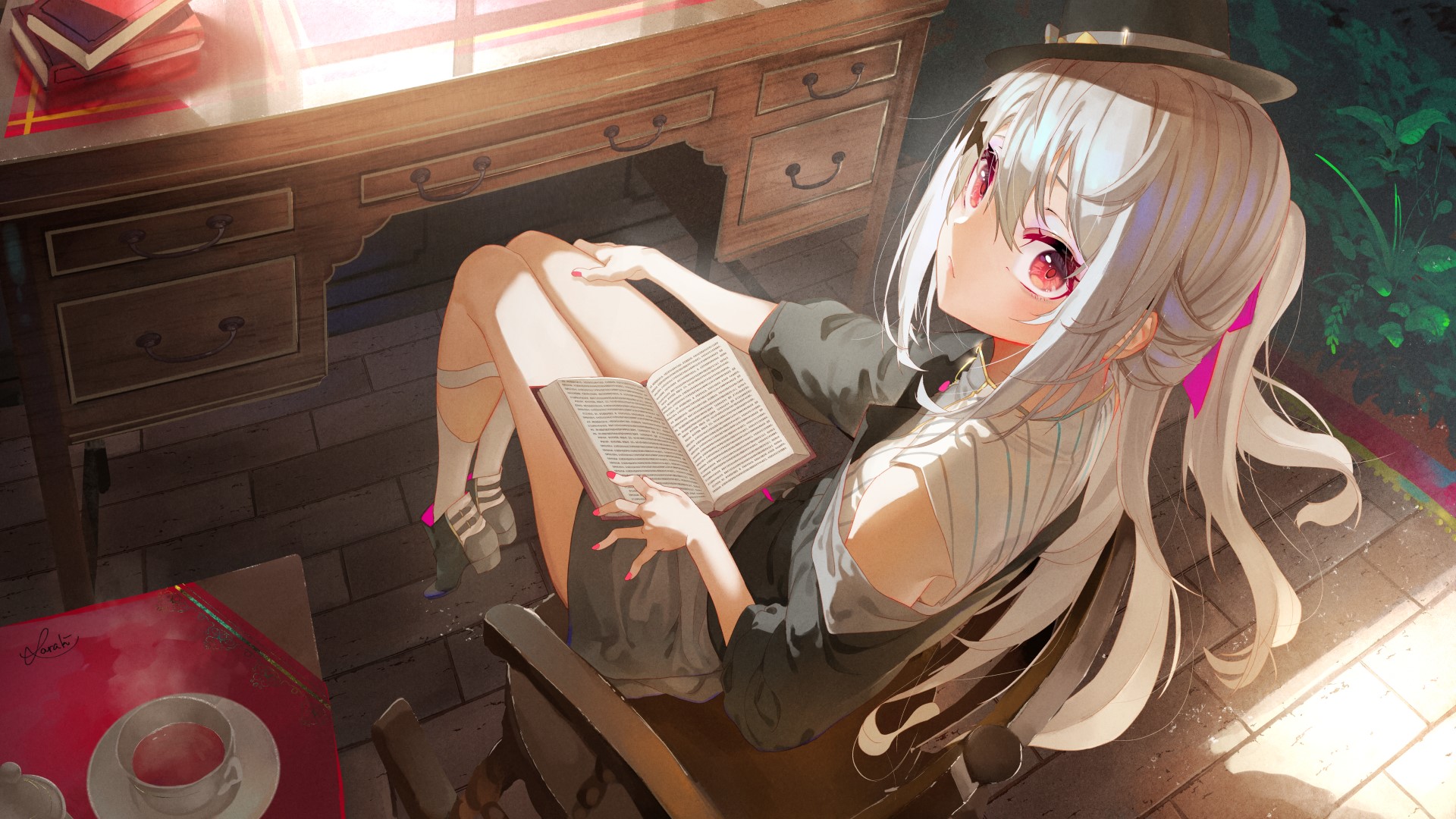 Anime girl with silver hair reading a book HD Wallpaper