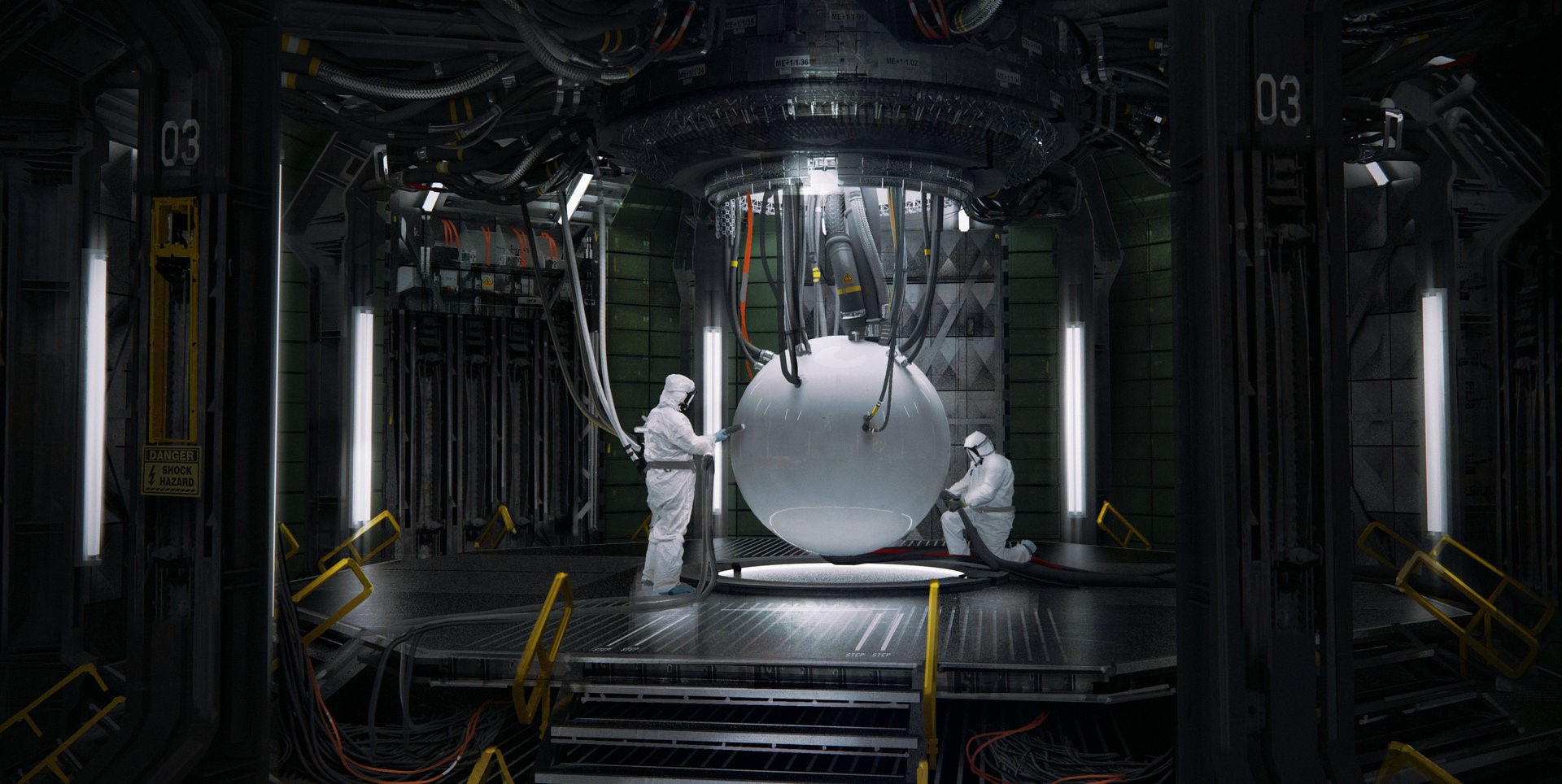 Scientists in clean suits working on a large sphere HD Wallpaper