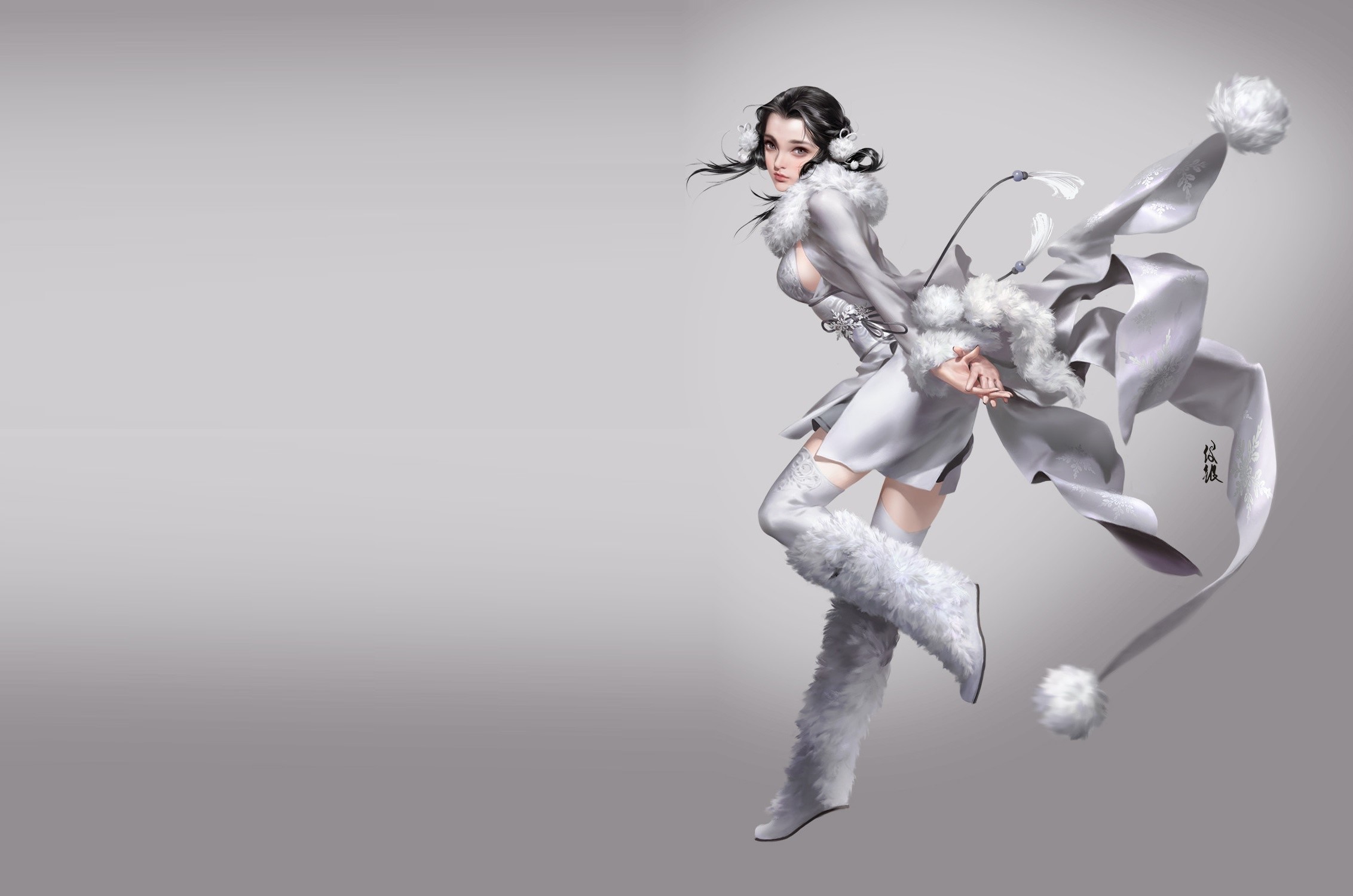 Anime girl in white winter outfit with fur trim HD Wallpaper