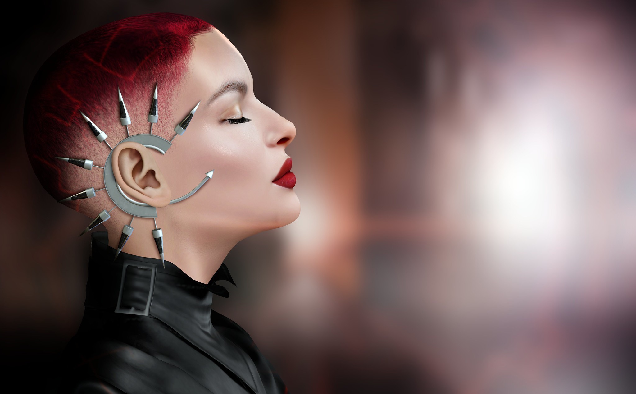 Woman with cybernetic ear implants and red hair HD Wallpaper