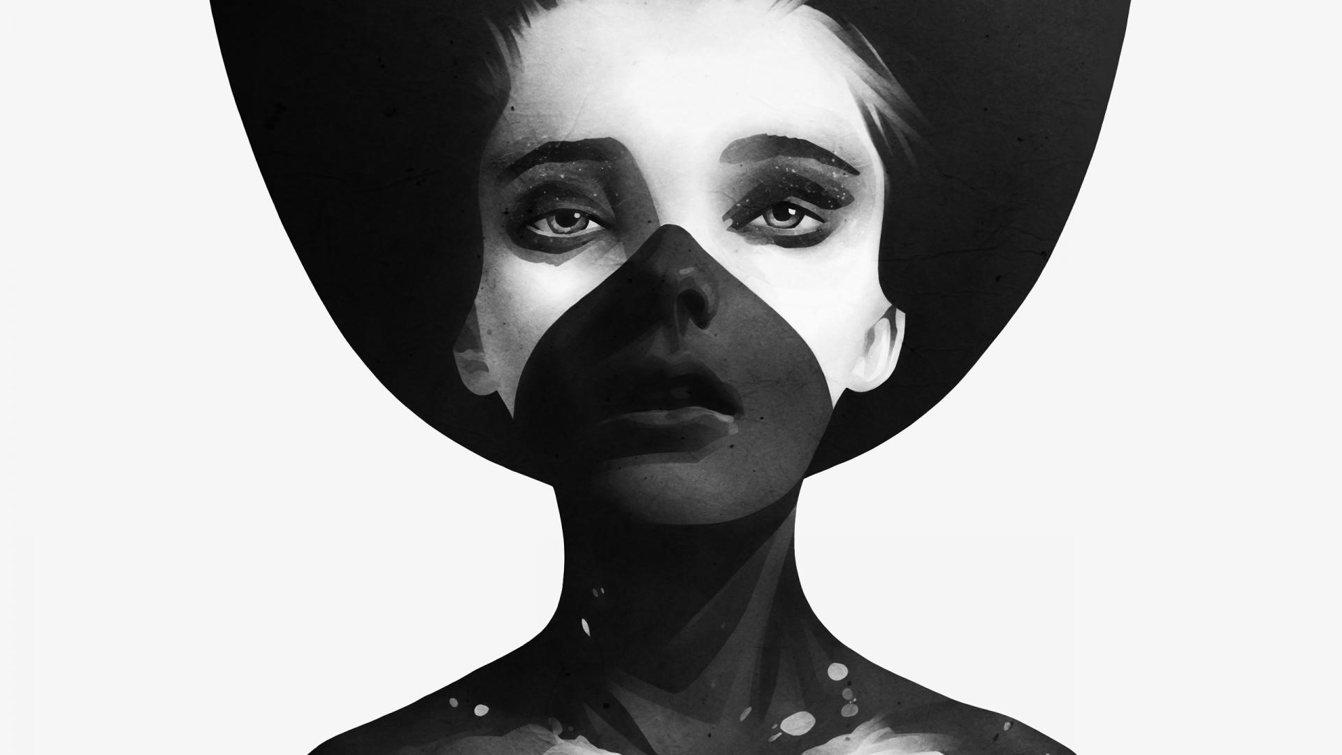 Monochrome illustration of a woman with dark markings HD Wallpaper