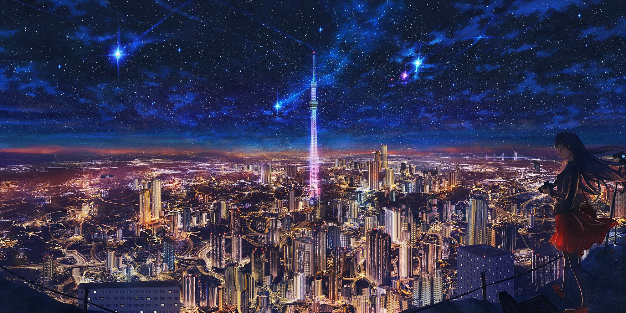 Anime girl with camera overlooking a starry cityscape HD Wallpaper