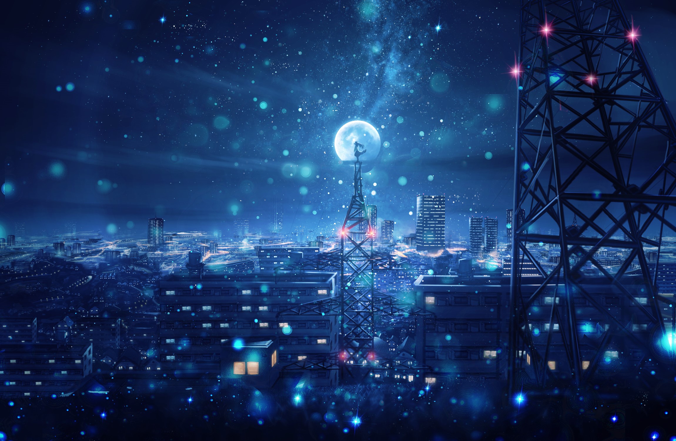 Anime city skyline at night with moon and stars HD Wallpaper